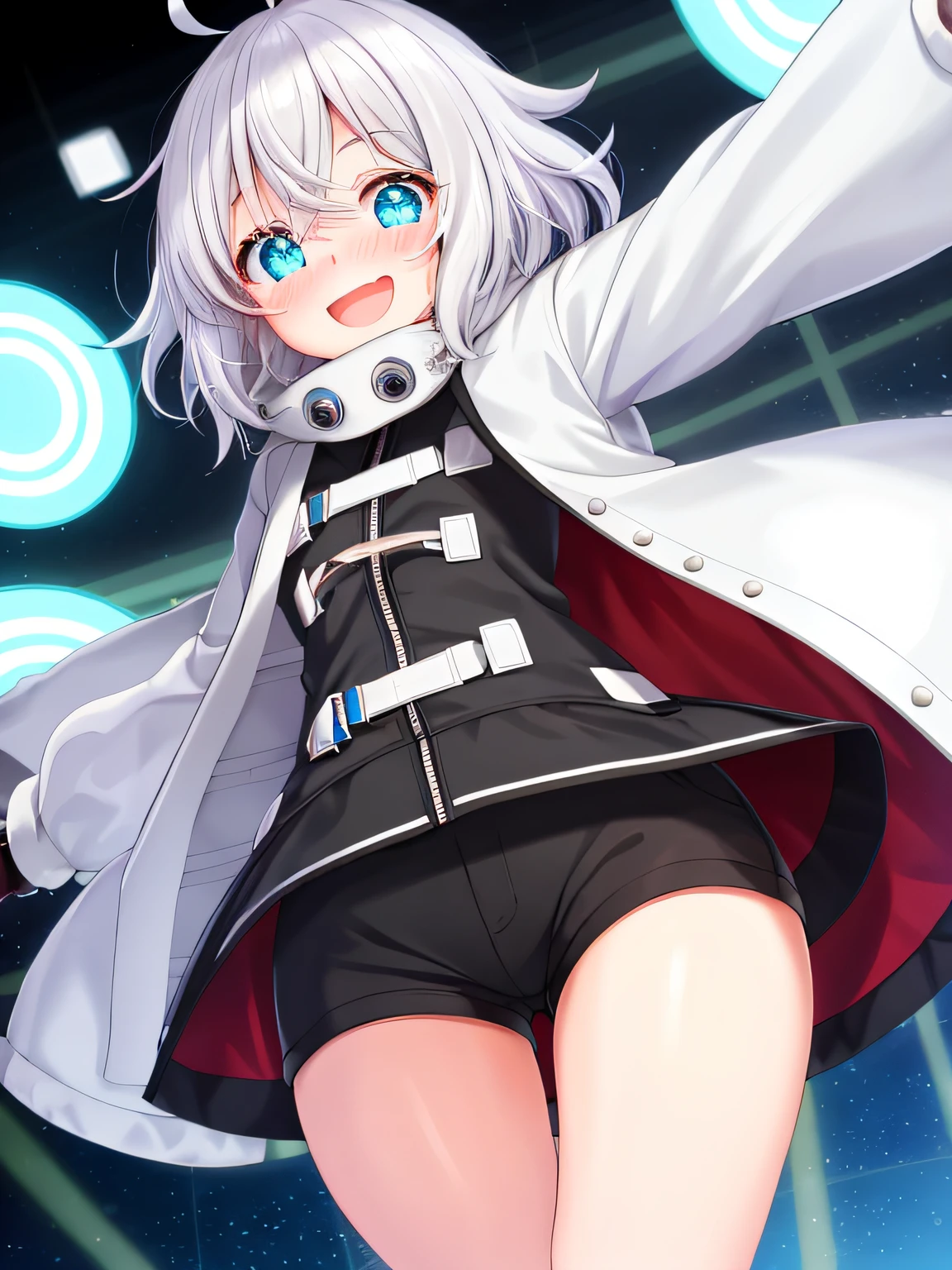 1girl, solo, white hair, short hair, hair between eyes, bangs, white parka, closed jacket, gloves, flat chest, wide hips, down jacket, cyan eyes, cute face, small pupils, blush, android, round eyes, glowing cyan eyes, mechabare, mechanical parts, smile, messy hair, ahoge, excited, starry eyes, open mouth, arms outstretched, :D, puffy shorts, thighs, lust, crazy smile, nose blush, wide eyes, big eyes, flustered, wavy smile, outline