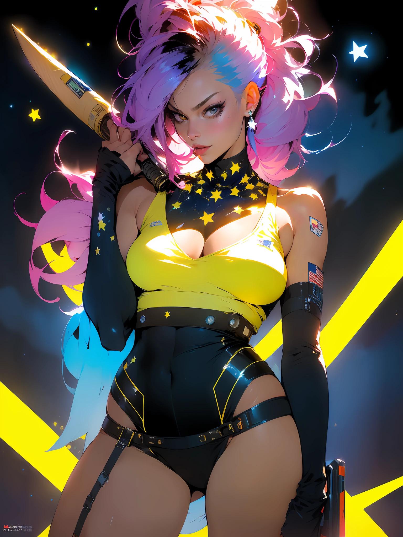 (((Niji --V5)))), Margot Robbie as a cyberpunk girl in a dystopian future, one hand down and the other holding a baseball bat with the colors of the American flag, lean on the shoulder, thin, thin, body defined, (8k, RAW photo, photorealistic: 1.25), (lots of lip gloss, lots of eyelashes,, best quality, ultra high resolution, depth of field, chromatic aberration,  caustic, broad light, natural color, picture from distance (1:2), Woman defined body, perfect, half thick thighs, include characteristic fighter aircraft art in the perfect clothing((medium breasts)) generous, generous neckline, pastel, black mohawk hair with a white bangs covering one eye, short underwear, garter belt, by mucha, niji, close to real, best quality, almost naked,  psychopath, crazy face, action pose, starry night in the background, big nebula in the sky, yellow side lighting, star tattoos on the arms, dark blue bra with white stars, stars covering the breasts, shoulder pads with spikes, red eyes without pupils, mischievous smile