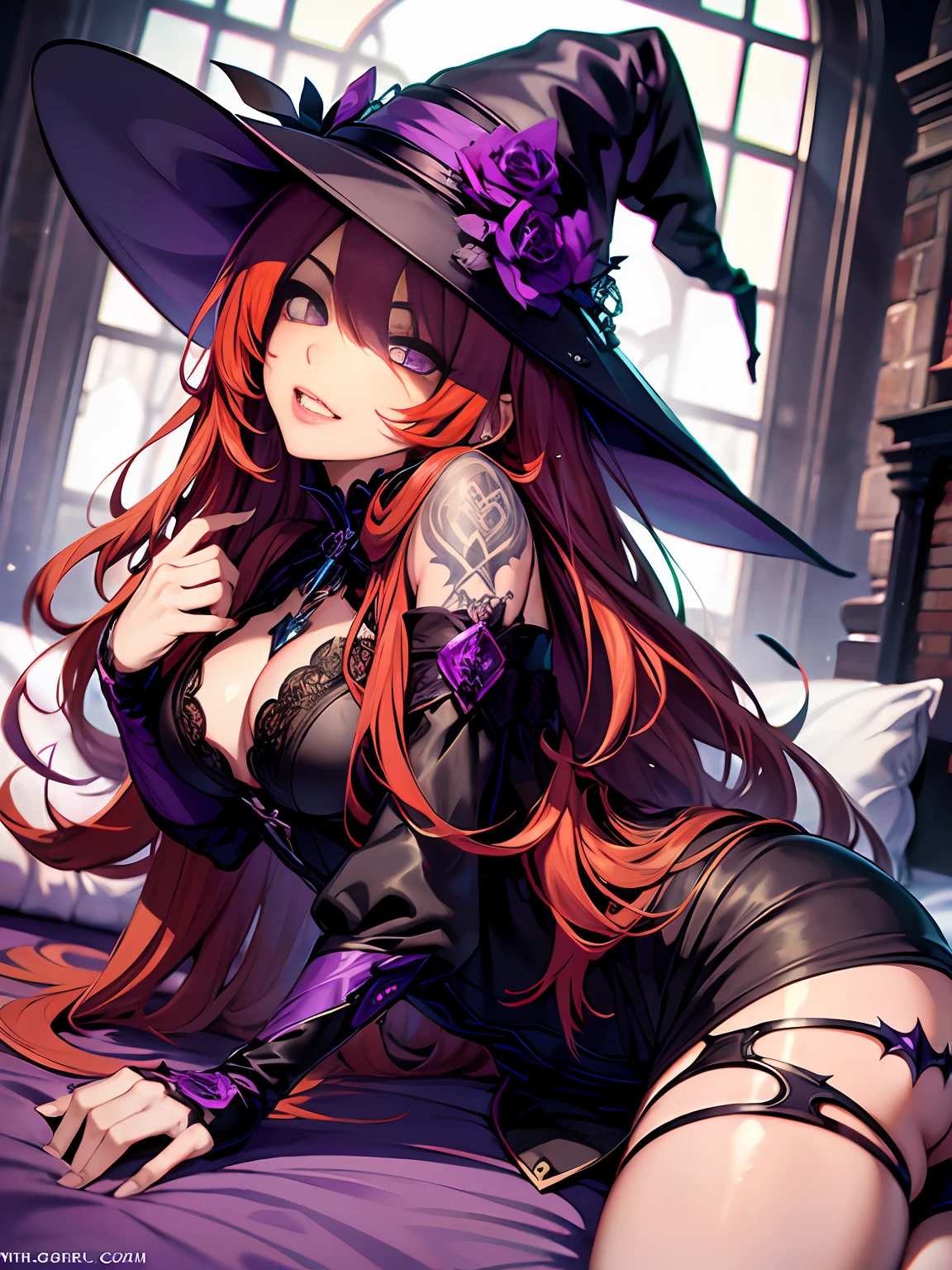 witch, witch hat, long red hair, tattooed arms, purple eyes, vampire teeth, lying on a bed, sensual position, short clothes, best quality, good anatomy, detailed face, 4k, masterpiece, detailed eyes