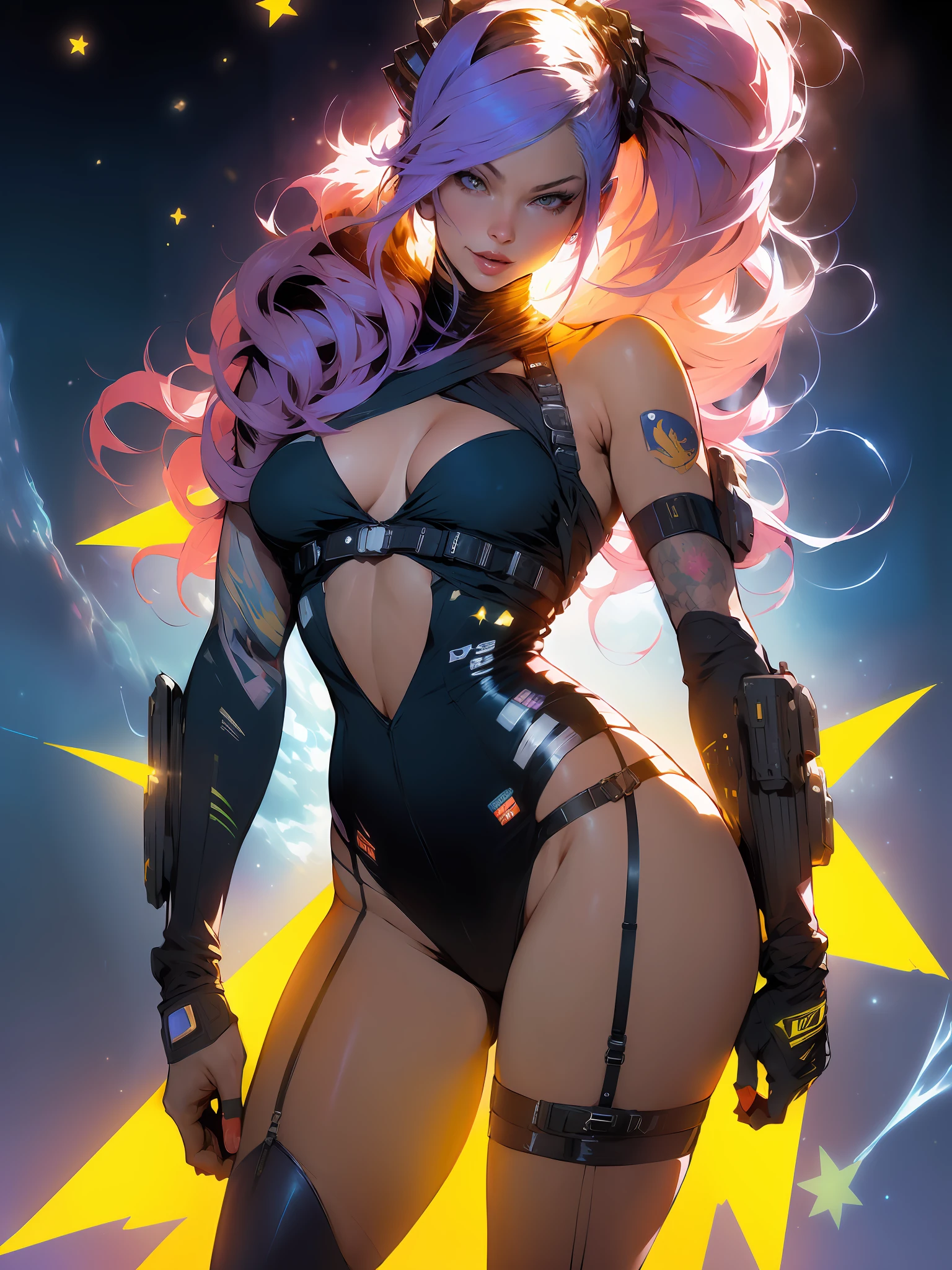 (((Niji --V5)))), Margot Robbie as a cyberpunk girl in a dystopian future, one hand down and the other holding a baseball bat with the colors of the American flag, lean on the shoulder, thin, thin, body defined, (8k, RAW photo, photorealistic: 1.25), (lots of lip gloss, lots of eyelashes,, best quality, ultra high resolution, depth of field, chromatic aberration,  caustic, broad light, natural color, picture from distance (1:2), Woman defined body, perfect, half thick thighs, include characteristic fighter aircraft art in the perfect clothing((medium )) generous, generous neckline, pastel, black mohawk hair with a white bangs covering one eye, short , garter belt, by mucha, niji, close to real, best quality, ,  psychopath, crazy face, action pose, starry night in the background, big nebula in the sky, yellow side lighting, star tattoos on the arms, dark blue bra with white stars, stars covering the , shoulder pads with spikes, red eyes without pupils, mischievous smile