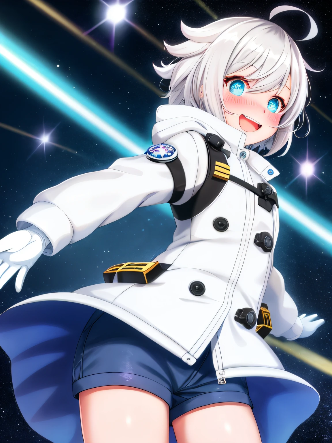 1girl, solo, white hair, short hair, hair between eyes, bangs, white parka, closed jacket, gloves, flat chest, wide hips, down jacket, cyan eyes, cute face, small pupils, blush, android, round eyes, glowing cyan eyes, mechabare, mechanical parts, smile, messy hair, ahoge, excited, starry eyes, open mouth, arms outstretched, :D, puffy shorts, thighs, lust, crazy smile, nose blush, wide eyes, big eyes