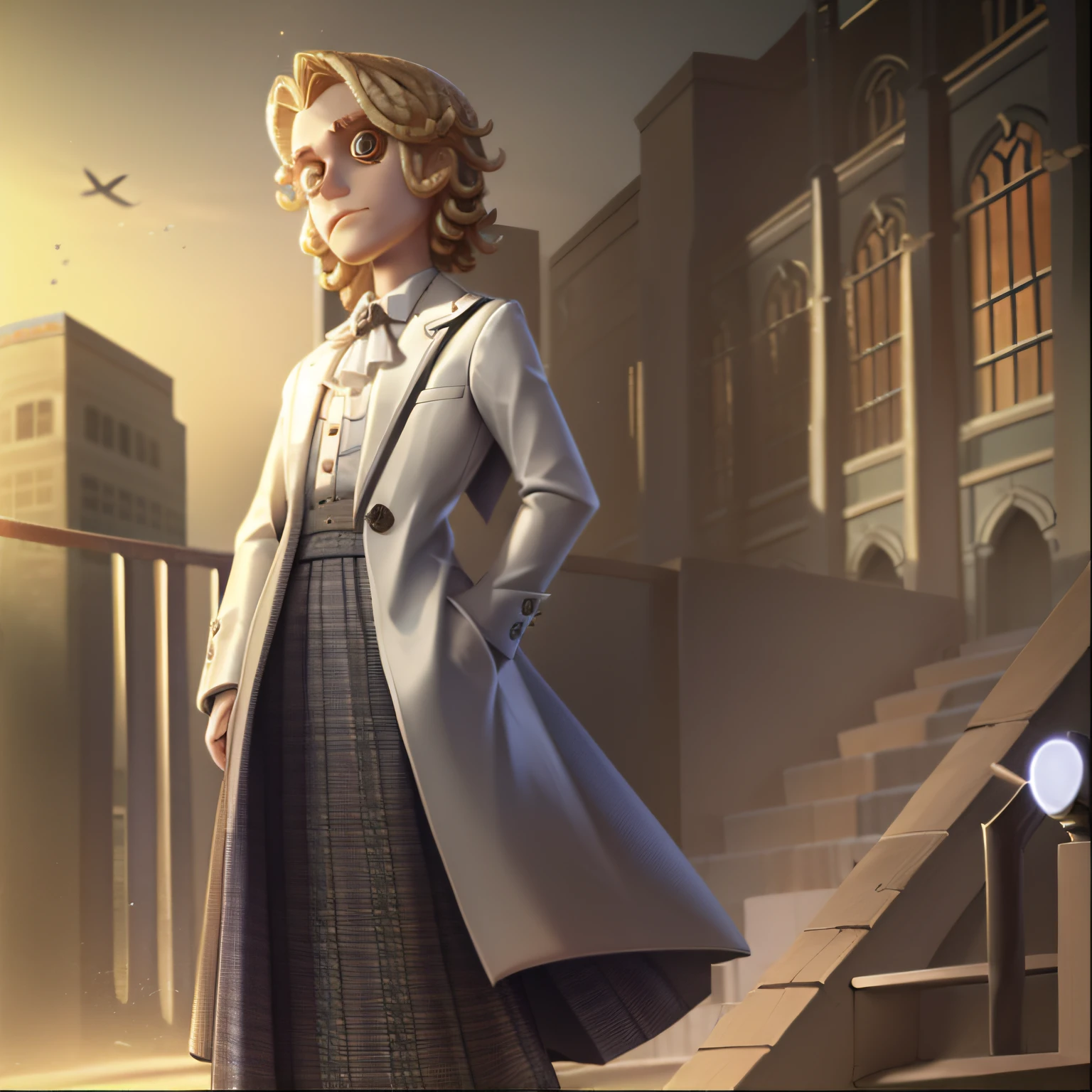 masterpiece, high quality, young boy, checked long skirt, white jacket, blonde, facing forward, looking at camera, full body, center of screen