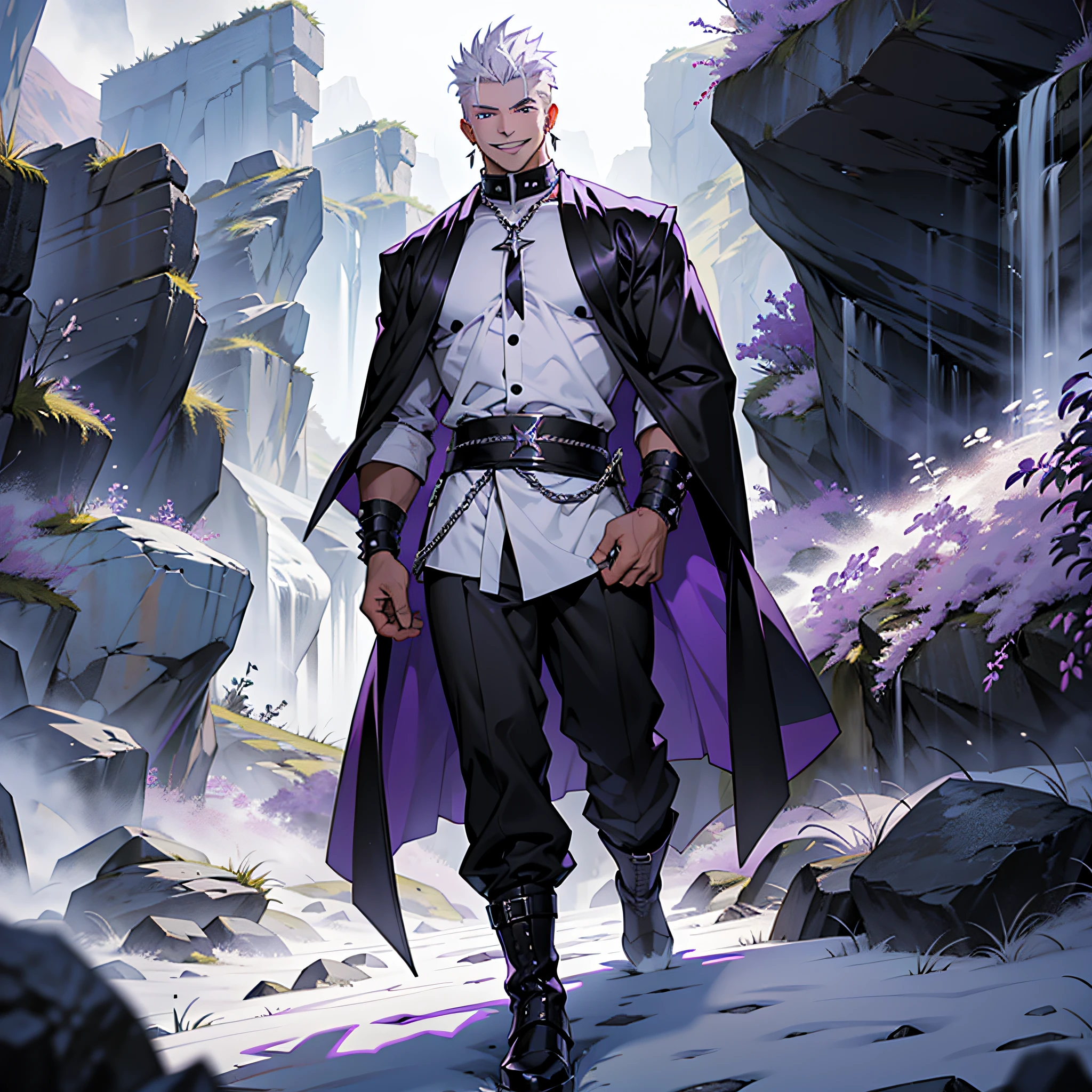 Killer, spiky white hair, short hair, lilac and purple eyes, black robe, tight white blouse, black long pants, white military boots, chains, smiling, muscular man, dark valley scenery, spot in mist.