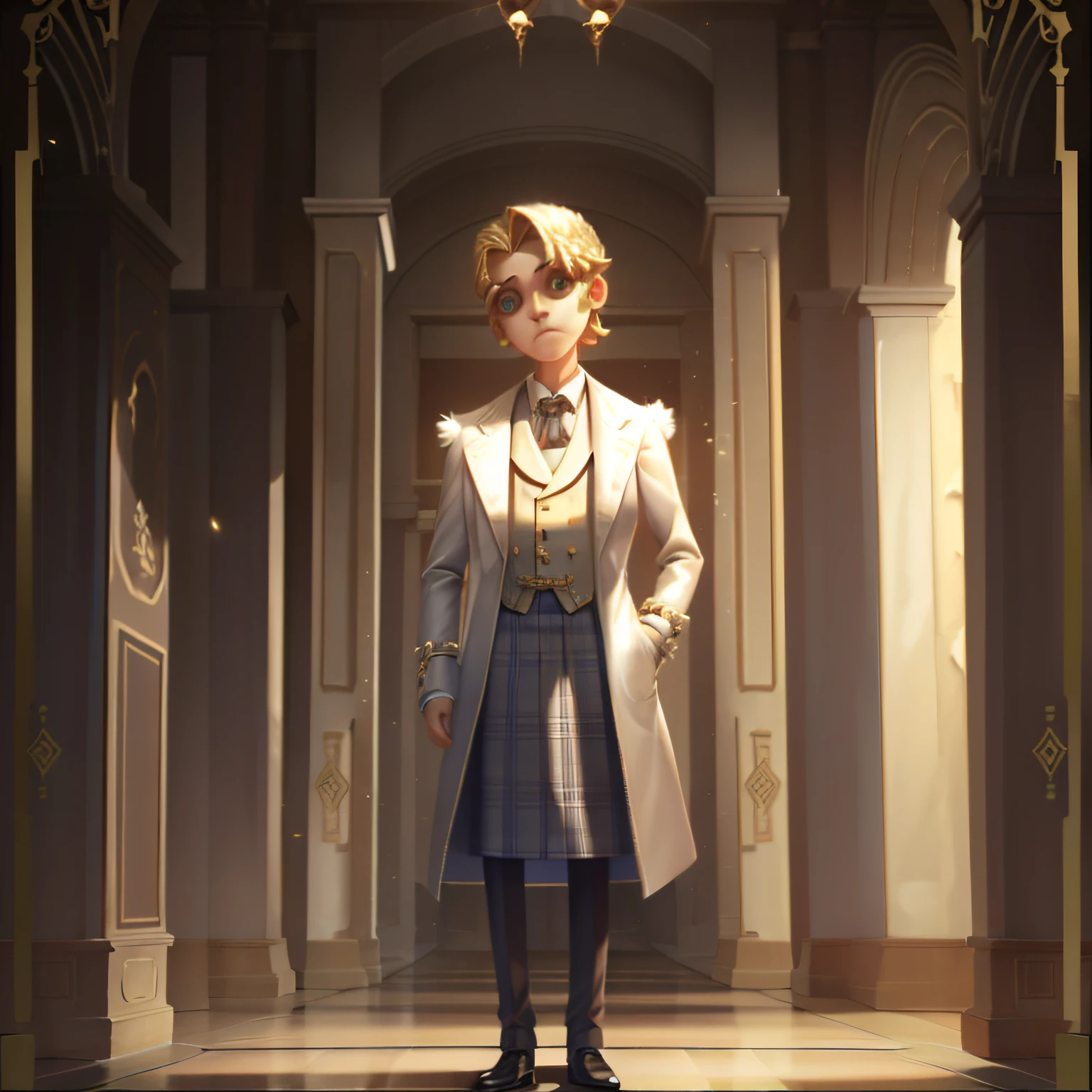 masterpiece, high quality, young boy, checked long skirt, white jacket, blonde, facing forward, looking at camera, full body, center of screen