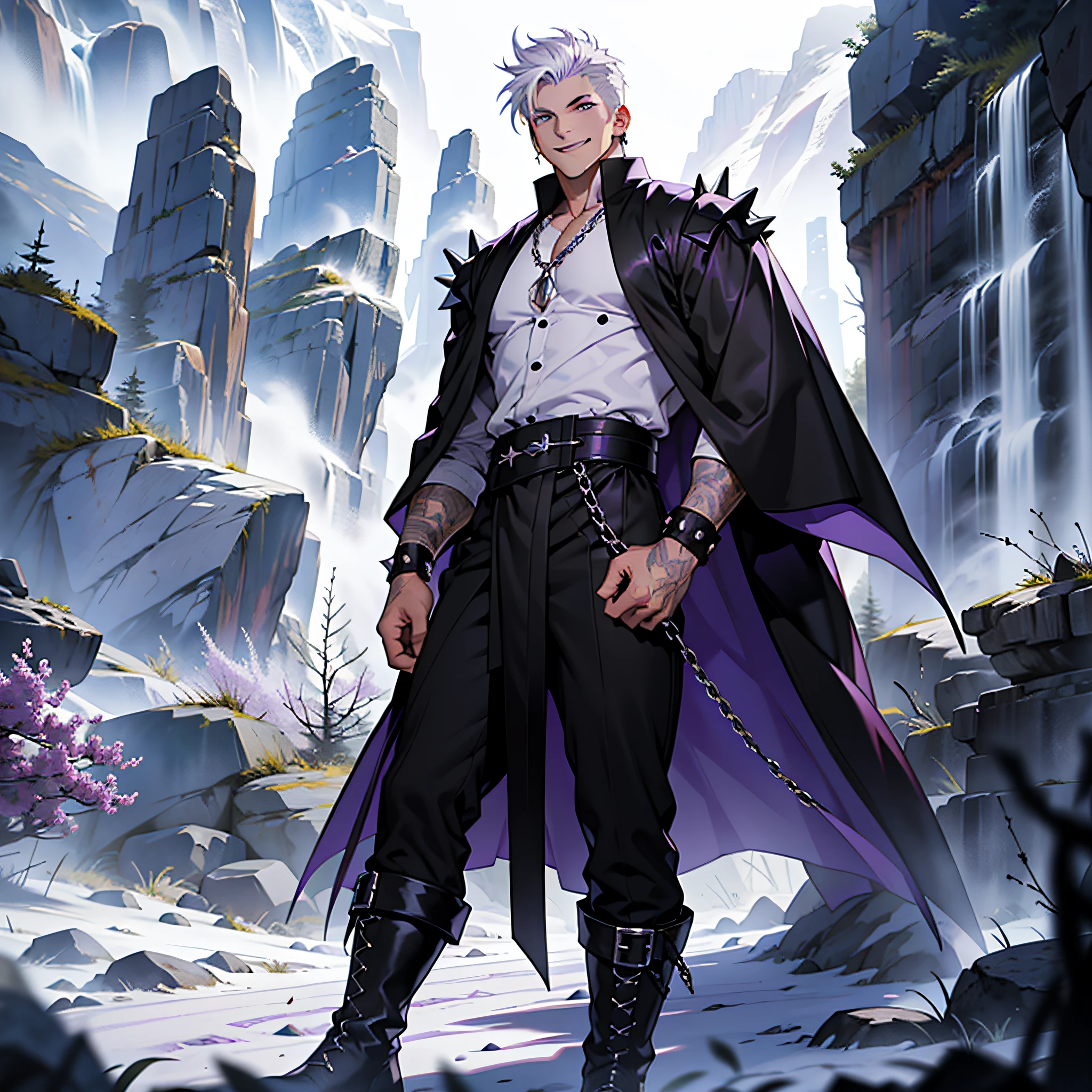 Killer, spiky white hair, short hair, lilac and purple eyes, black robe, tight white blouse, black long pants, white military boots, chains, smiling, muscular man, dark valley scenery, spot in mist.