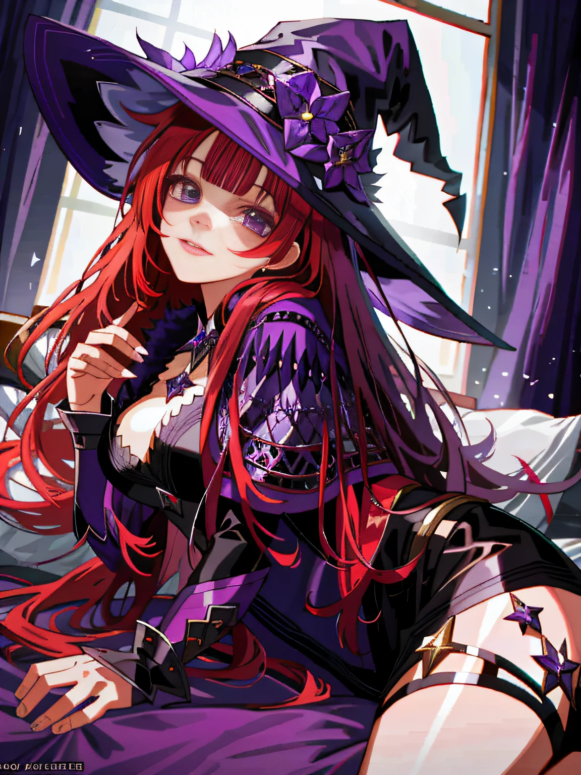 witch with red hair and a purple hat sitting on a bed, magic cast of flirty anime witch, beautiful sorceress, extremely detailed artgerm, beautiful sorceress, a beautiful sorceress, pretty nose, fashionable dark witch, beautiful female witch, portrait of a sorceress, witch girl, 8k high quality detailed art, portrait of a young witch
