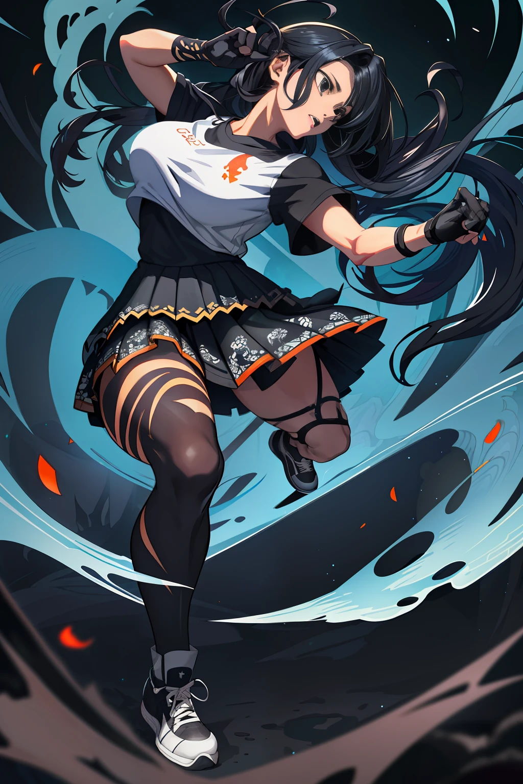 :: Joe Madureira Style and Gacha Blue Archive:: Beautiful woman perfect and detailed and beautiful, furious screaming, ultra detailed anime style, clothes with tatoon drawings, in various full-body attack poses and with immersive effects, hover effect, graphite style background with vibrant colors "Ultra HDR" detailed and with focus effect,with All Star Converse Fixed Black sneakers (masterpiece:  1.2, best quality), (finely detailed beautiful eyes: 1.2),extremely detailed, depth of field,shot with canon eos,lens 135mm f1.8,portrait of [x]( )),long, straight black hair,with a natural glow,(anime black eyes:1.4), (finely detailed eyes and detailed face:1.3),), (with ultra detailed black school skirt and fixed shape and color, white tatoom print t-shirt with fixed format Mandarin letters, ultra detailed:1.3), (beautiful and clear background:1.2), ultra-detailed, Best Shadow:1.1),("" character demonstrating his super power in the fist"")((depth of field and blur)), ((watercolor)), large breasts, bare shoulders, flowers and petals, bbela conceptual illustration , (white background:0.5), (illustration :1.1), (extremely thin and beautiful: 1.1), (perfect details: 1.1) graffiti style background, freedom, soul, digital illustration,  perfect anatomy, centered, approaching perfection, dynamic, highly detailed, watercolor painting, artstation, concept art, smooth, sharp focus, illustration,, villain man, wearing a super detailed black jacket, black gloves, power in right hand, black all star converse sneakers, long black hair, power of destruction in your control, ruined scenery with smoke and fires