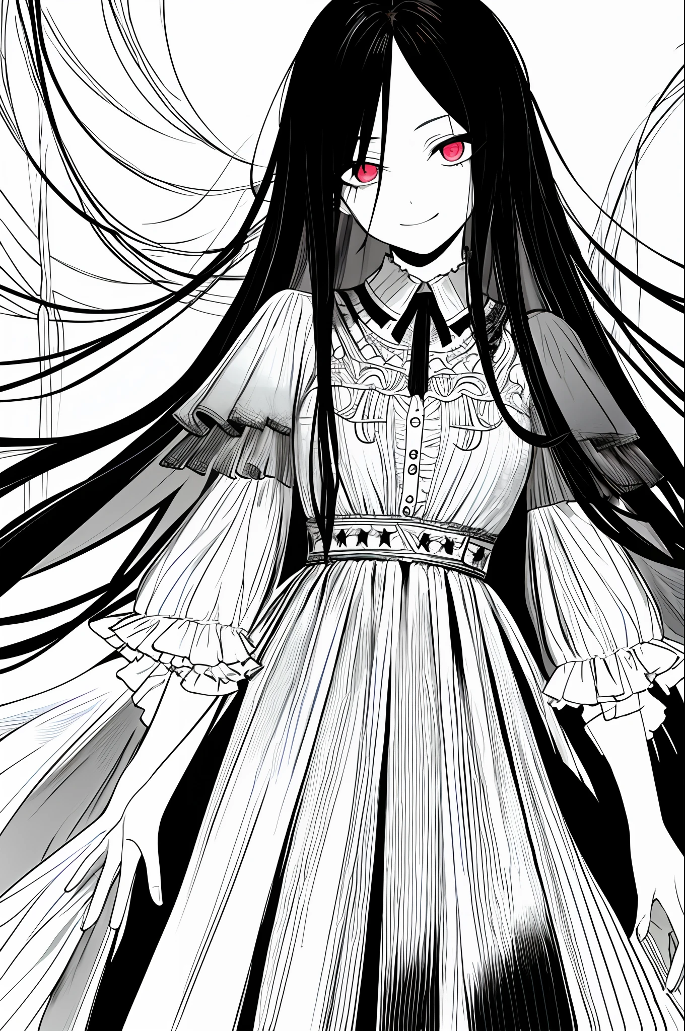 masterpiece, best quality, 1girl, solo, long_hair, looking_at_viewer, face_shot, psycho_smile, emotionless_eyes, evil, face_closeup, black_hair, lineart, monochrome,