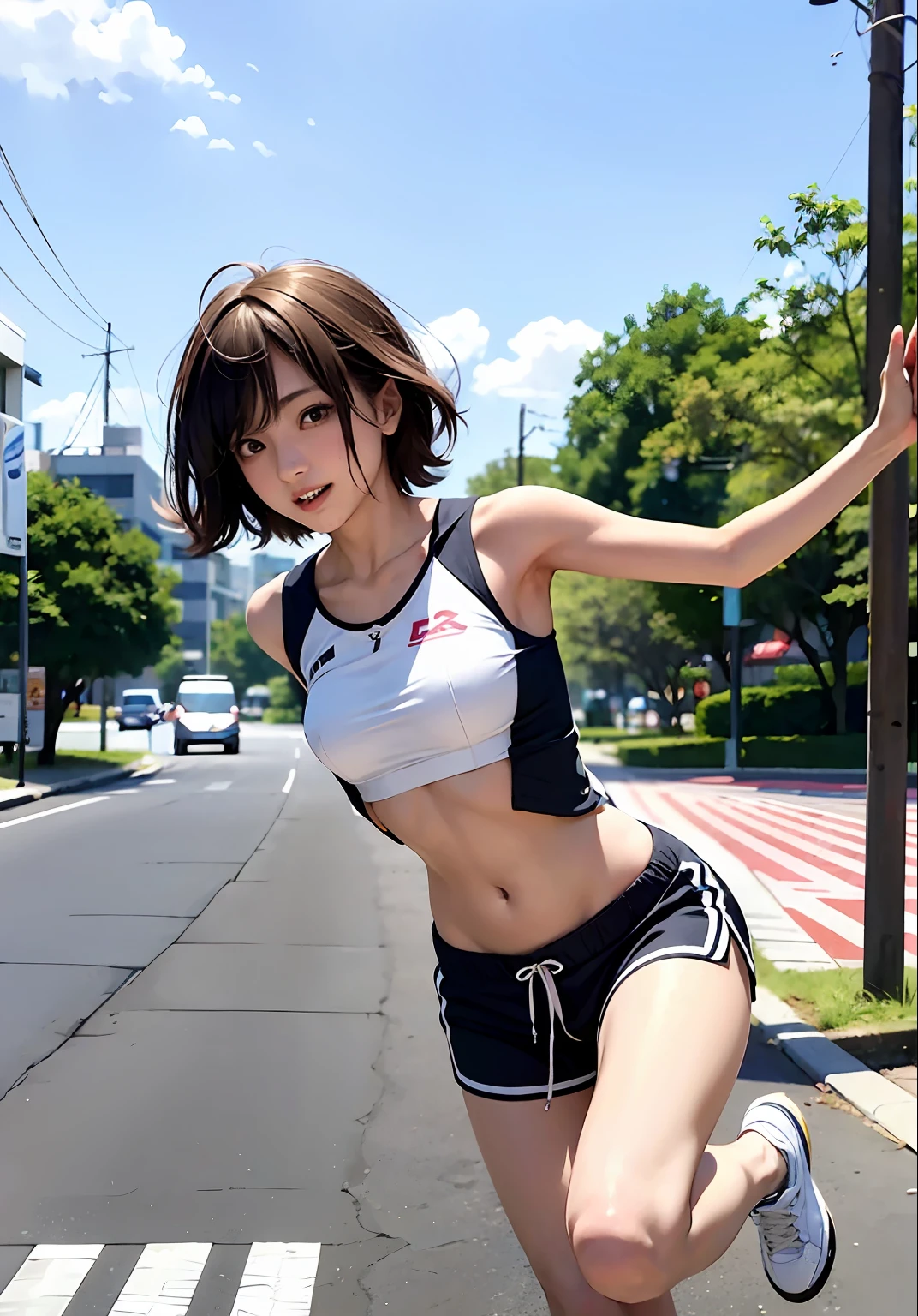 Mayuri Shiina, Young Skinny Gravure Idol, Young Sensual Gravure Idol, Young Pretty Gravure Idol, Ayami in Kojima, Running a Marathon, Waving to Sidewalk Audience, Athletic Clothes, Shorts, Short Hair