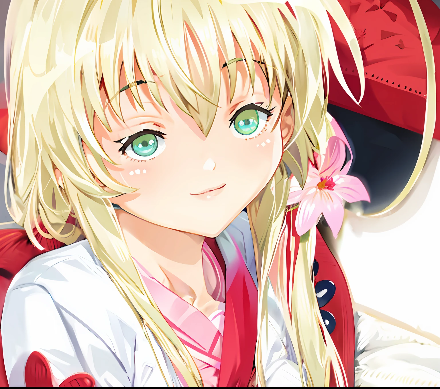 anime girl with long white hair and pink flower in her hair, close up of iwakura lain, close up iwakura lain, shikamimi, inspired by Kusumi Morikage, nyaruko-san, koyoharu gotouge, inspired by Yuki Ogura, tsubasa nakai's style, as an anime character, sakura petals around her