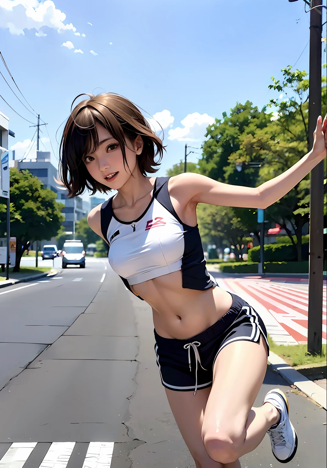 Mayuri Shiina, Young Skinny Gravure Idol, Young Sensual Gravure Idol, Young Pretty Gravure Idol, Ayami in Kojima, Running a Marathon, Waving to Sidewalk Audience, Athletic Clothes, Shorts, Short Hair
