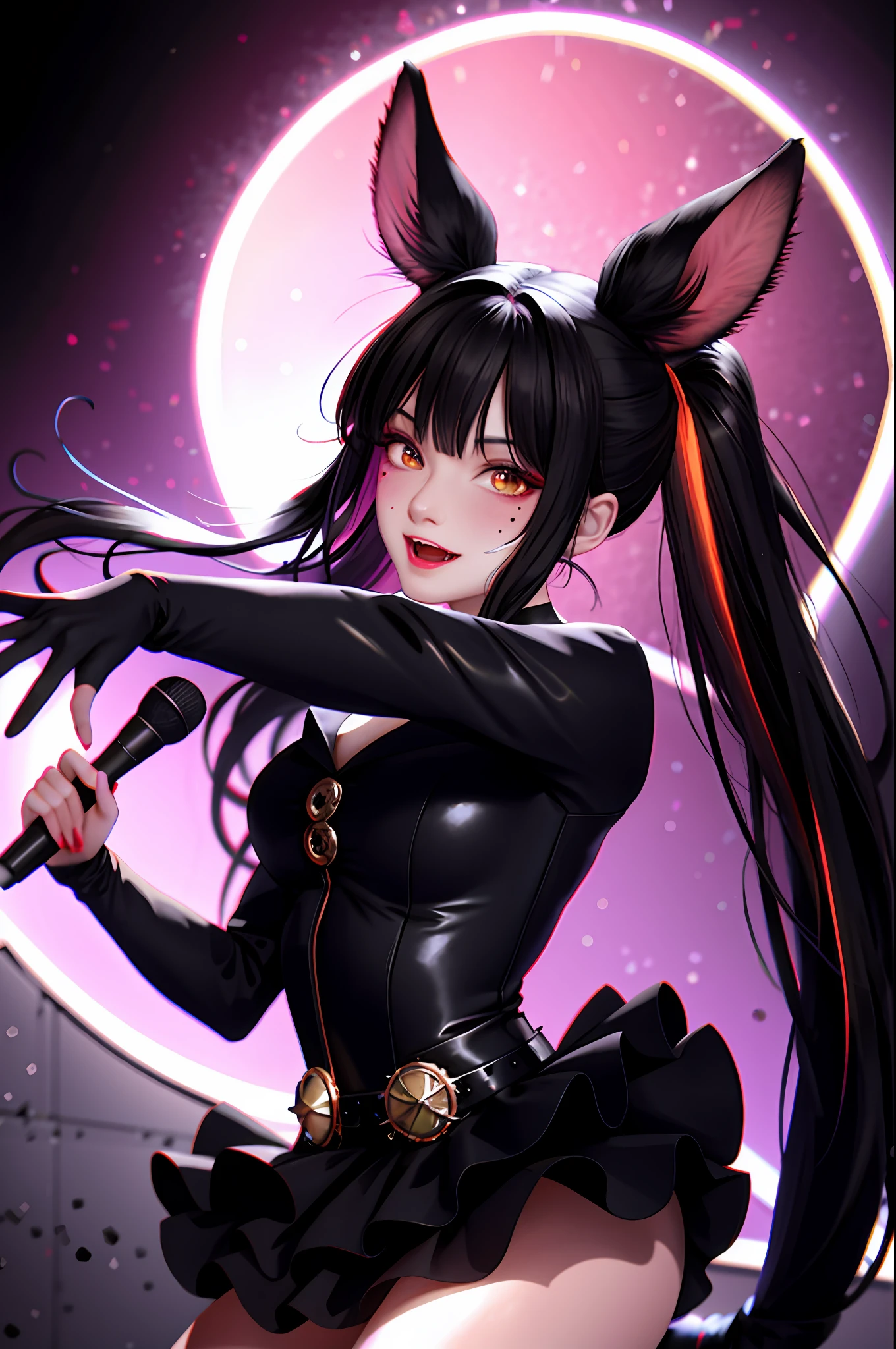 Black hair, hair bobble, flinching, long eyelashes, real round eyes, fake animal ears, light smile, ear blush, fangs, multicolored hair, moles under the eyes, surrealism, drop shadow, anaglyph, stereogram, tachie, gonzo, atmospheric perspective, depth of field, film grain, rococo style, 8K, super detail, curated, top quality, full body, on stage, Shouting holding microphone, live lighting, spotlights