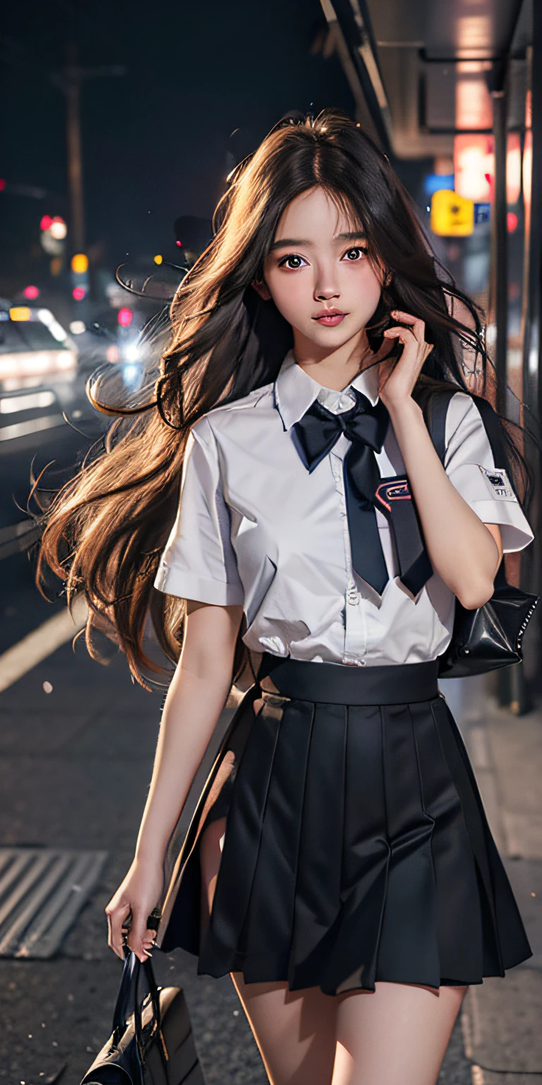reality, 1 girl, very long hair, glowing eyes, eyes visible through hair, school outfit, skirt, parted lips, blush, night, in the night city, in the subway, bokeh, particles, glowing light, edge light,