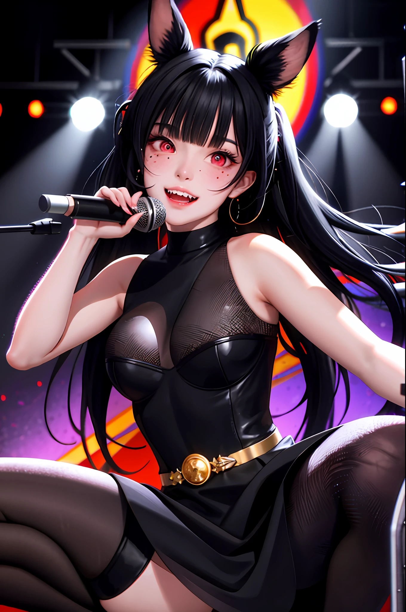 Black hair, hair bobble, flinching, long eyelashes, real round eyes, fake animal ears, light smile, ear blush, fangs, multicolored hair, moles under the eyes, surrealism, drop shadow, anaglyph, stereogram, tachie, gonzo, atmospheric perspective, depth of field, film grain, rococo style, 8K, super detail, curated, top quality, full body, on stage, Shouting holding microphone, live lighting, spotlights
