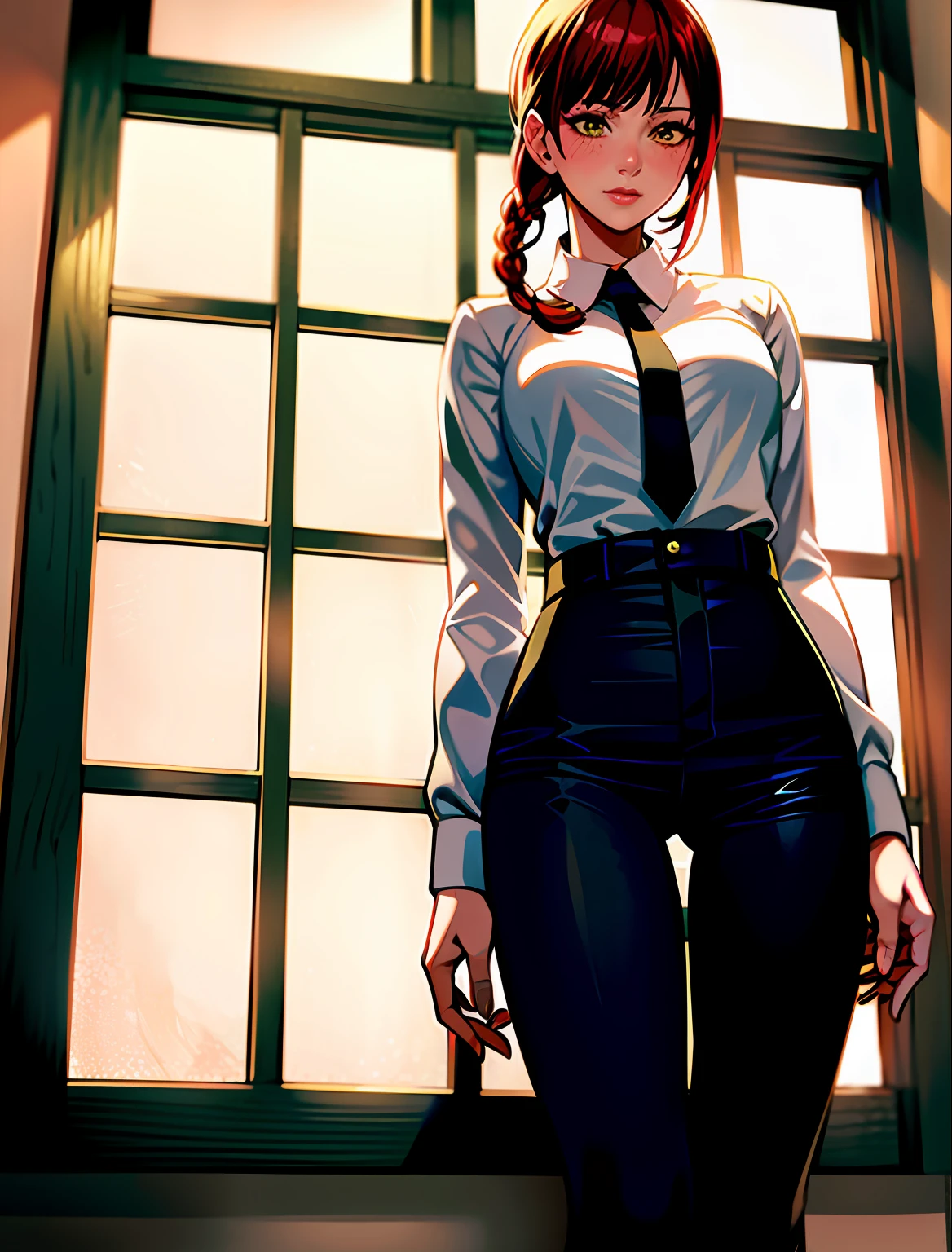 Actress Scarlett Johansson, detailed bright skin, (realistic, photorealistic: 1.4), a beautiful girl, standing, looking out the window, white shirt, collared shirt, black tie, black pants, long sleeves, slight smile (blush nose), yellow eyes + round eyes, short hair + red hair + long braided hair, makima \(chainsaw man\)