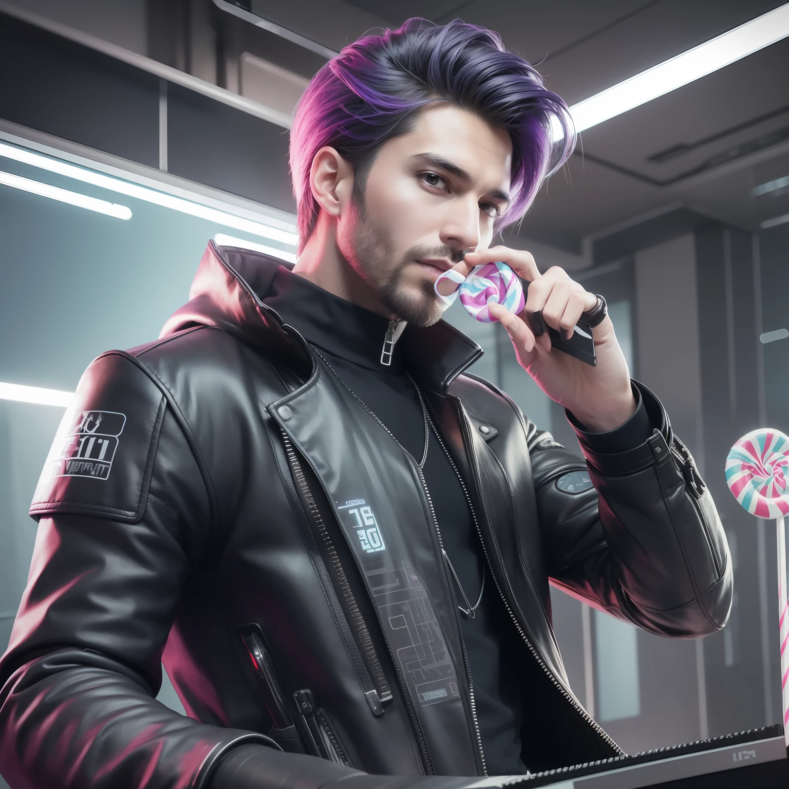 In the footage, the 30-year-old cyberpunk man is seen leaning against a high-tech device (holding a lollipop :1.5), looking at ease. He was dressed in black leather, black jeans and leather boots, and his face had some facial hair, which made him look even more grim. The color palette of the whole painting is mainly black, blue and purple, highlighting the futuristic sense of cyberpunk. In the background are some high-tech equipment and wires, which enhance the atmosphere of the whole painting. The man looks both mysterious and handsome, smiling, squinting, full of futuristic technology, positive, (profile picture style: 1.5)， cddui,