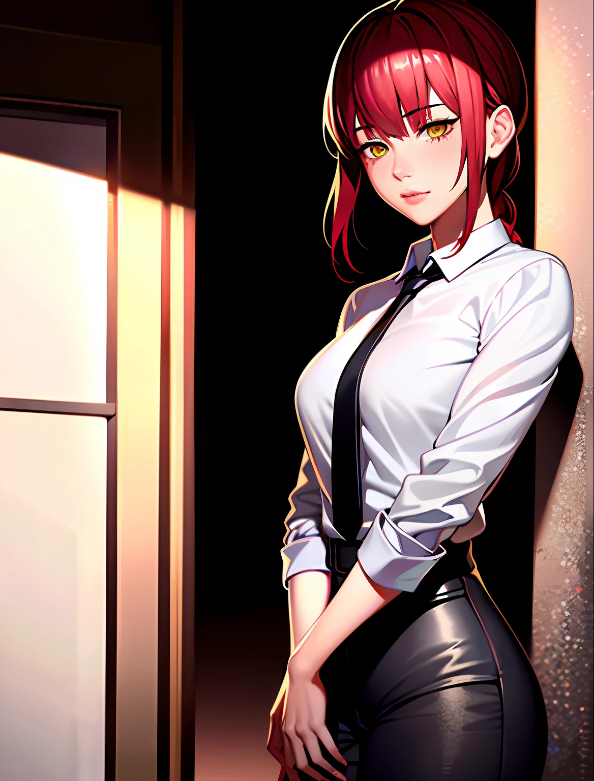 Actress Scarlett Johansson, detailed bright skin, (realistic, photorealistic: 1.4), a beautiful girl, standing, looking out the window, white shirt, collared shirt, black tie, black pants, long sleeves, slight smile (blush nose), yellow eyes + round eyes, short hair + red hair + long braided hair, makima \(chainsaw man\)