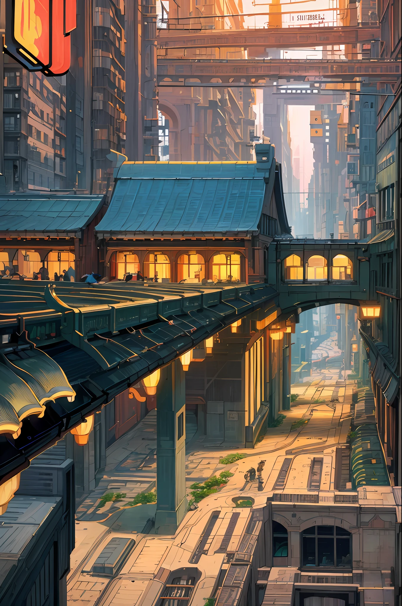 ((masterpiece)),((best quality)),((high detail)),((realistic,)) Futurist era city, architectural streets, bazaars, futuristic train lines, cyberpunk, buildings, night