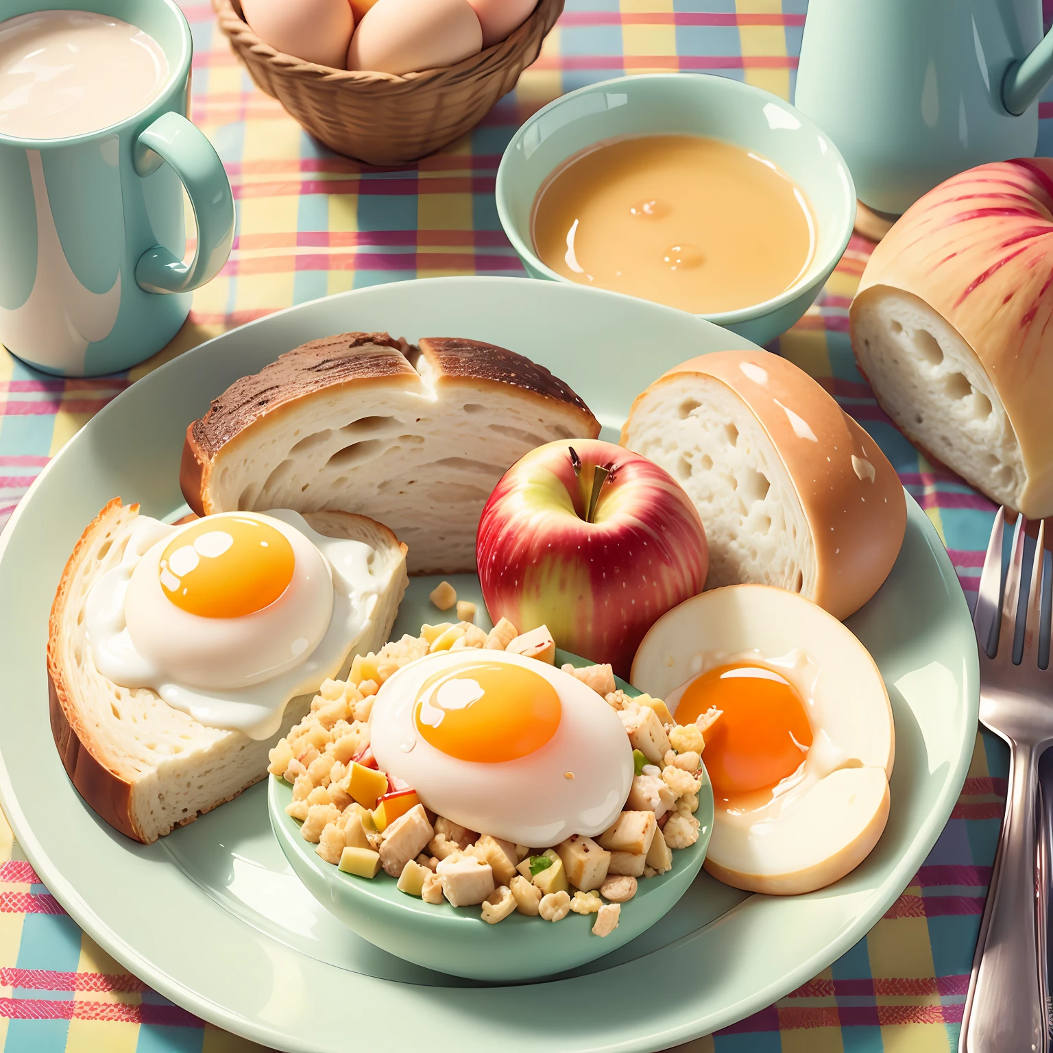 Breakfast that looks delicious, eggs, milk, cereal, bread, apples, high quality, colorful and bright --auto --s2