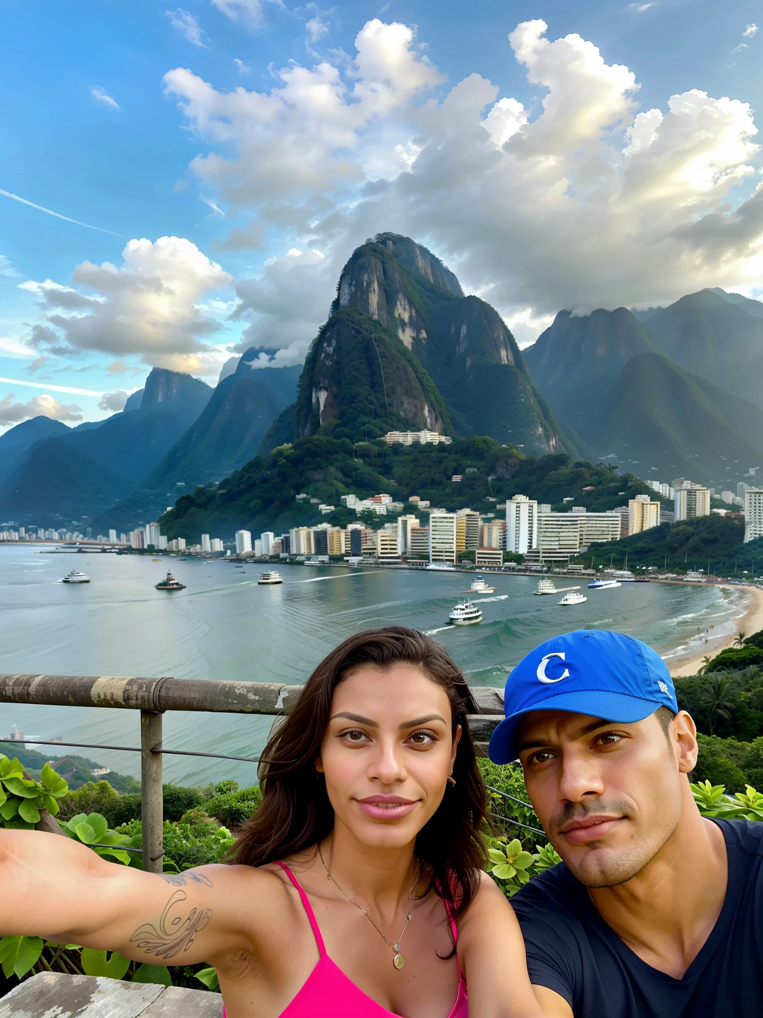 there is a man and woman taking a selfie together, rio de janeiro, with mountains in the background, with mountains in background, david rios ferreira, by Felipe Seade, by Nándor Katona, andrea rocha, malika favre, by Sam Dillemans, caroline gariba, with mountains as background, by Paulus Decker