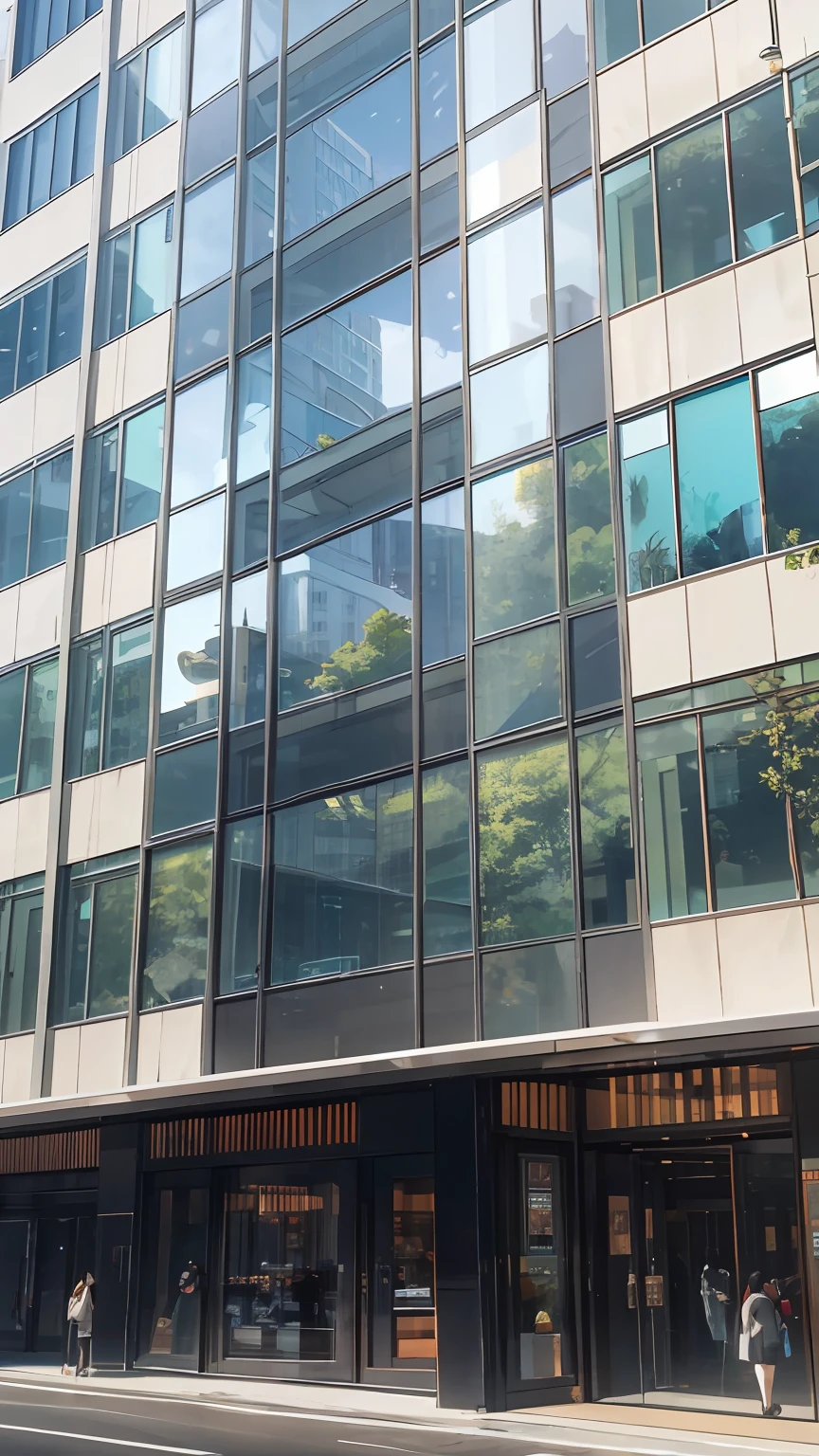 there is a tall building with a glass door and a clock on the front, a middle-shot from front, building facing, big impact hit on the building, many large windows, modern lush condo as shopfront, a long-shot from front, wide angle exterior 2022, office building, arhitectural shot, seen from outside, mid-view --auto --s2