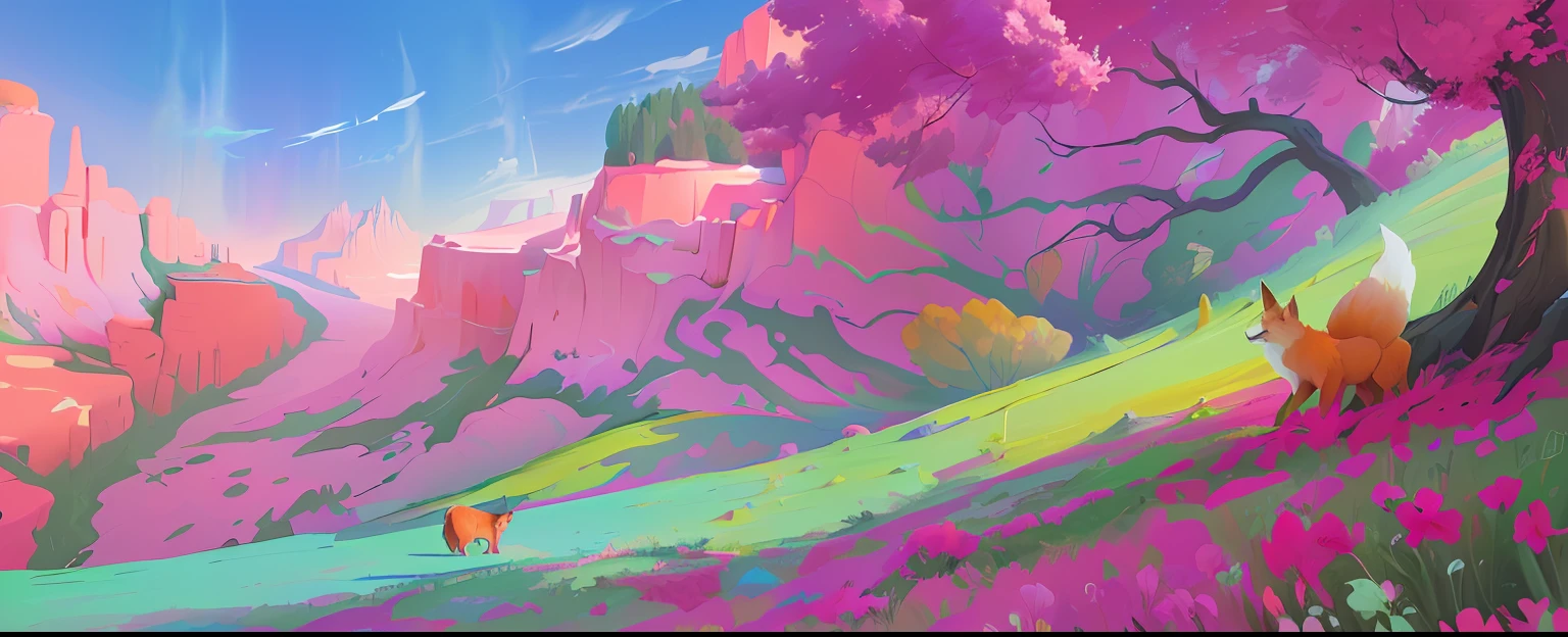 there is a painting of a colorful landscape with a fox and a dog, colorful concept art, digital 4k painting, vibrant digital painting, beautiful art uhd 4 k, anime landscape, jen bartel, painterly concept art, colorful digital painting, digital landscape art, pink landscape, 4 k digital painting, 4k digital painting, background art, background artwork