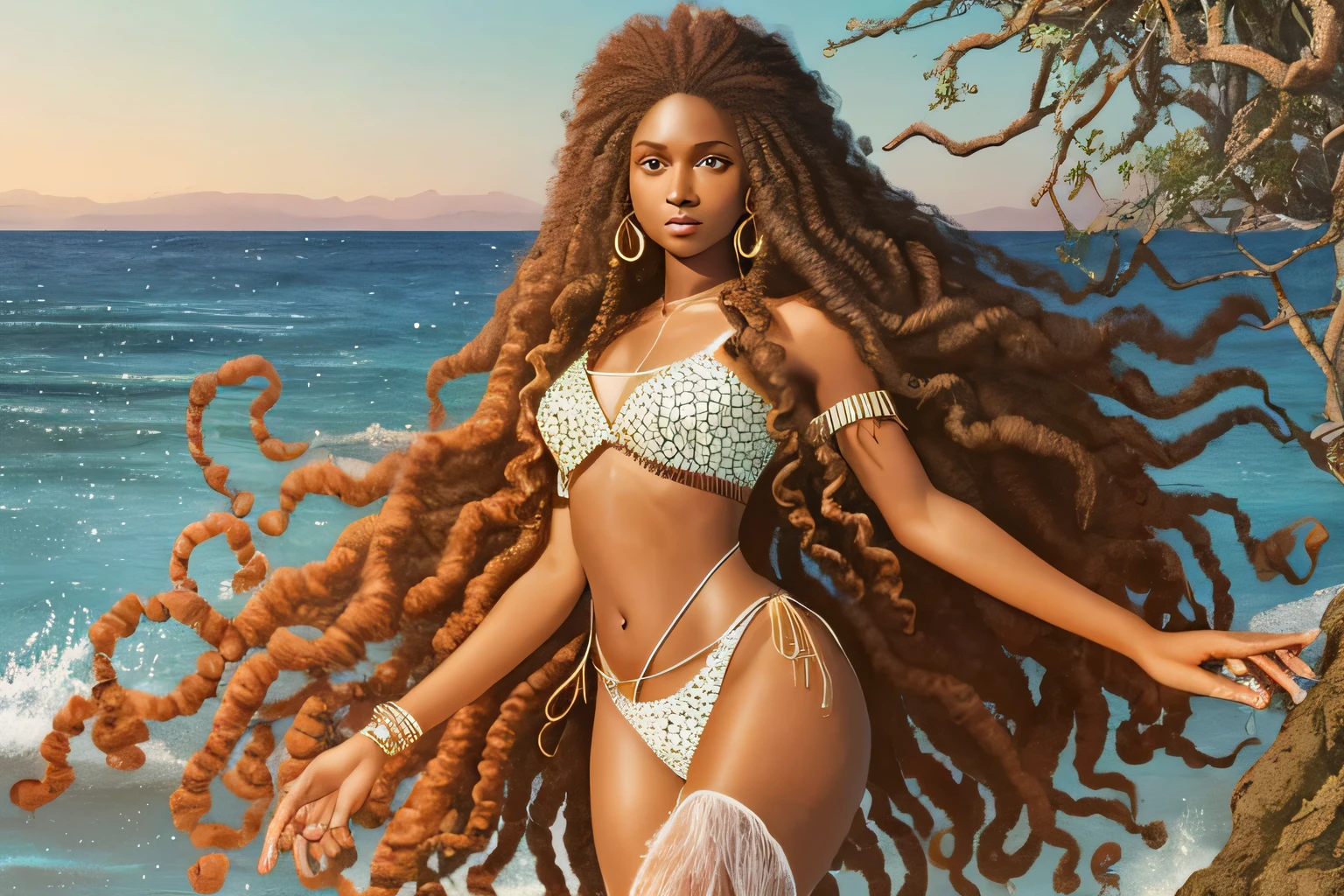 keep clothes, Afro-textured hair, sparkling eyes, dark skin, extreme long curly messed hair