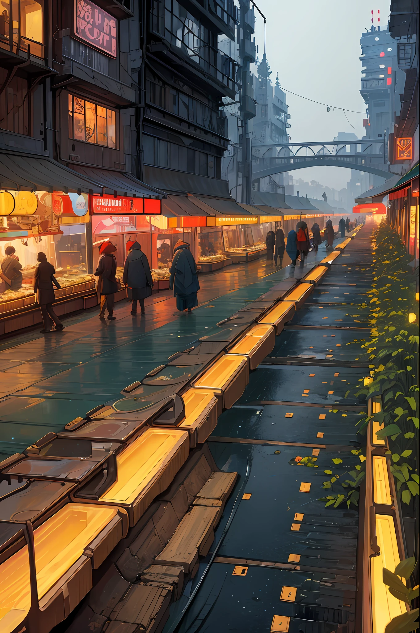 ((masterpiece)),((best quality)),((high detail)),((realistic,)) Futurist era city, architectural streets, bazaars, futuristic train lines, cyberpunk, buildings, night, European city, rainy, neon