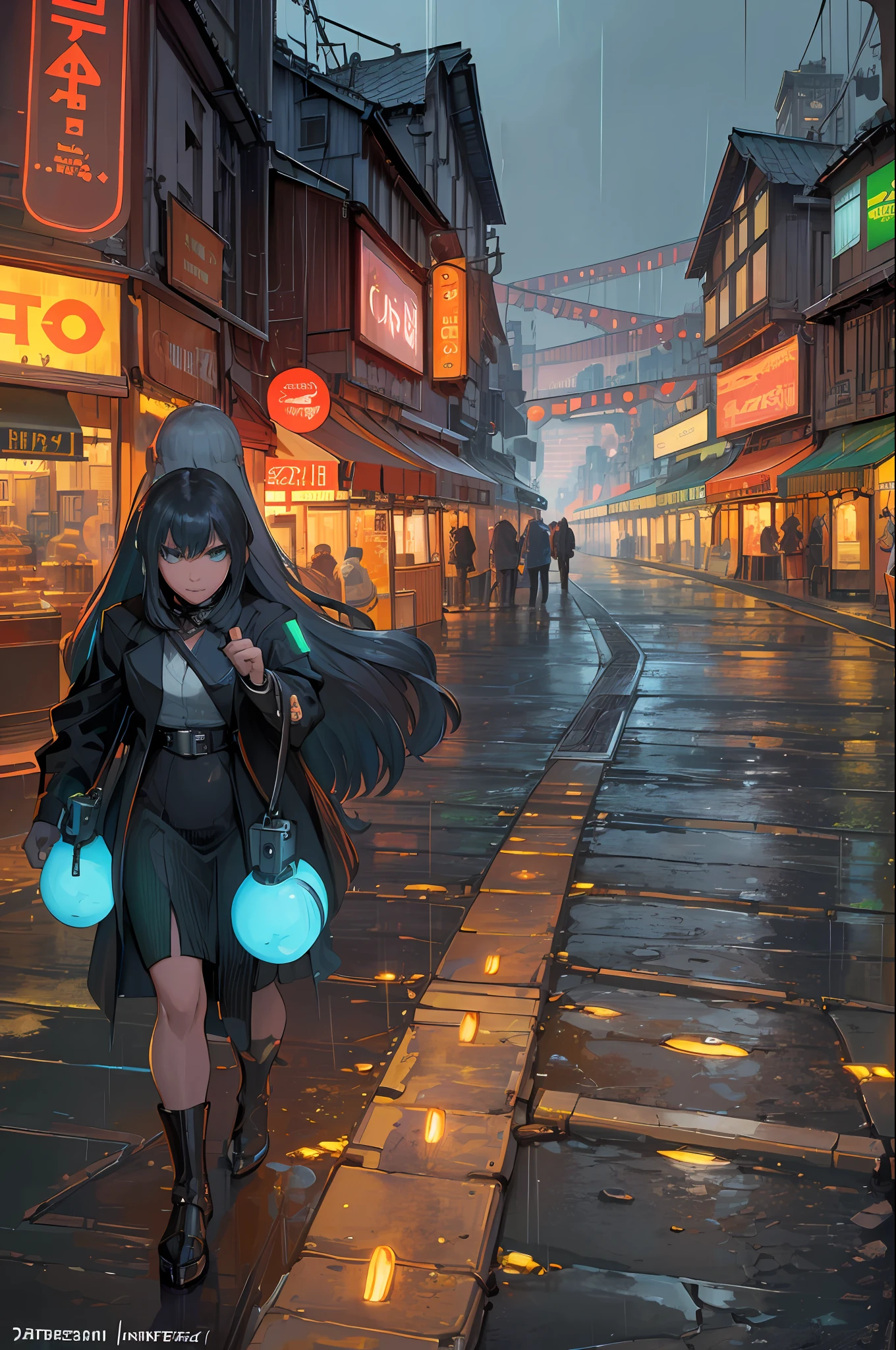 ((masterpiece)),((best quality)),((high detail)),((realistic,)) Futurist era city, architectural streets, bazaars, futuristic train lines, cyberpunk, buildings, night, European city, rainy, neon