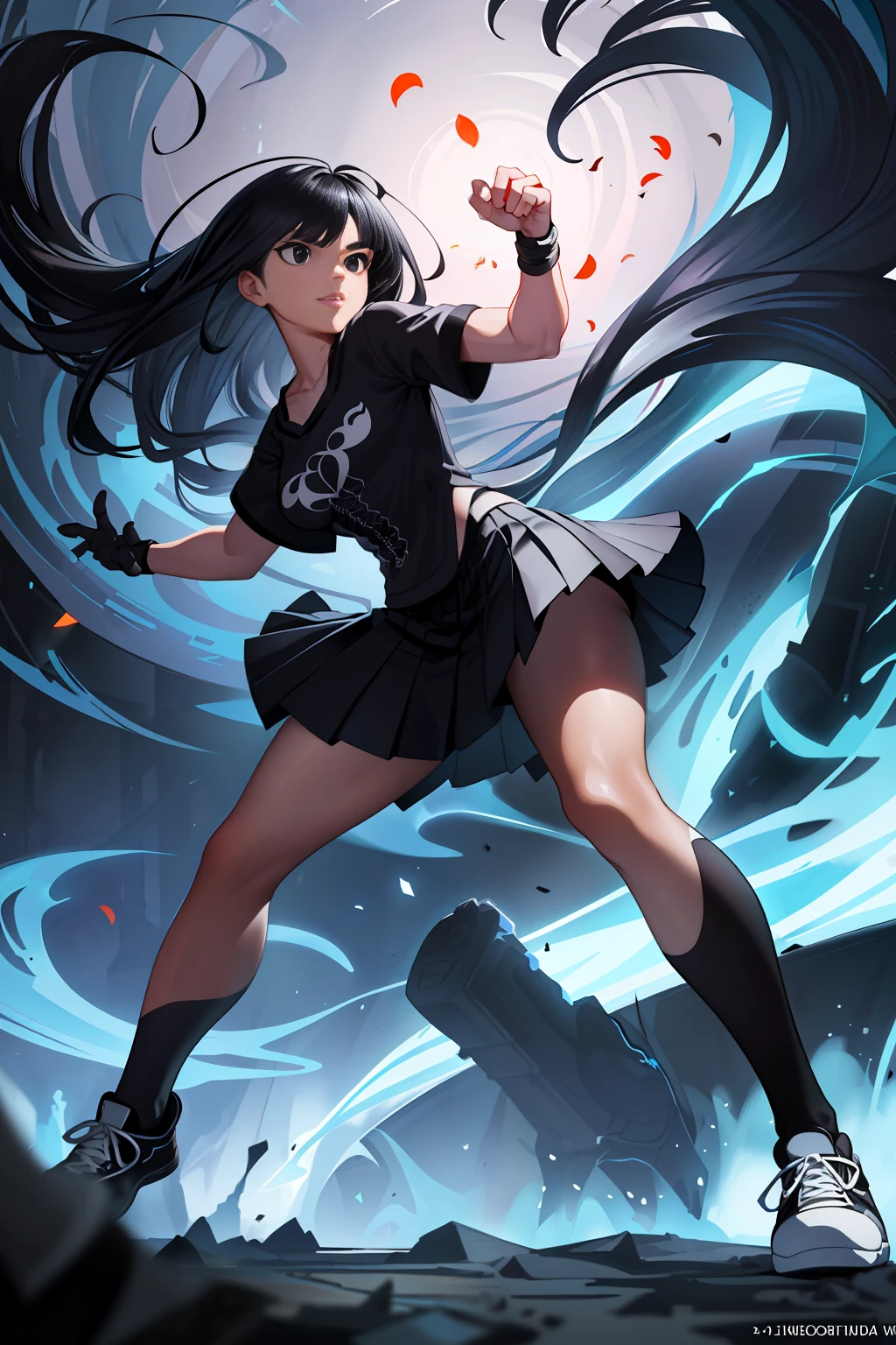 :: Joe Madureira Style and Gacha Blue Archive:: Beautiful woman perfect and detailed and beautiful, furious screaming, ultra detailed anime style, clothes with tatoon drawings, in various full-body attack poses and with immersive effects, hover effect, graphite style background with vibrant colors "Ultra HDR" detailed and with focus effect,with All Star Converse Fixed Black sneakers (masterpiece:  1.2, best quality), (finely detailed beautiful eyes: 1.2),extremely detailed, depth of field,shot with canon eos,lens 135mm f1.8,portrait of [x]( )),long, straight black hair,with a natural glow,(anime black eyes:1.4), (finely detailed eyes and detailed face:1.3),), (with ultra detailed black school skirt and fixed shape and color, white tatoom print t-shirt with fixed format Mandarin letters, ultra detailed:1.3), (beautiful and clear background:1.2), ultra-detailed, Best Shadow:1.1),("" character demonstrating his super power in the fist"")((depth of field and blur)), ((watercolor)), large breasts, bare shoulders, flowers and petals, bbela conceptual illustration , (white background:0.5), (illustration :1.1), (extremely thin and beautiful: 1.1), (perfect details: 1.1) graffiti style background, freedom, soul, digital illustration,  perfect anatomy, centered, approaching perfection, dynamic, highly detailed, watercolor painting, artstation, concept art, smooth, sharp focus, illustration,, villain man, wearing a super detailed black jacket, black gloves, power in right hand, black all star converse sneakers, long black hair, power of destruction in your control, ruined scenery with smoke and fires