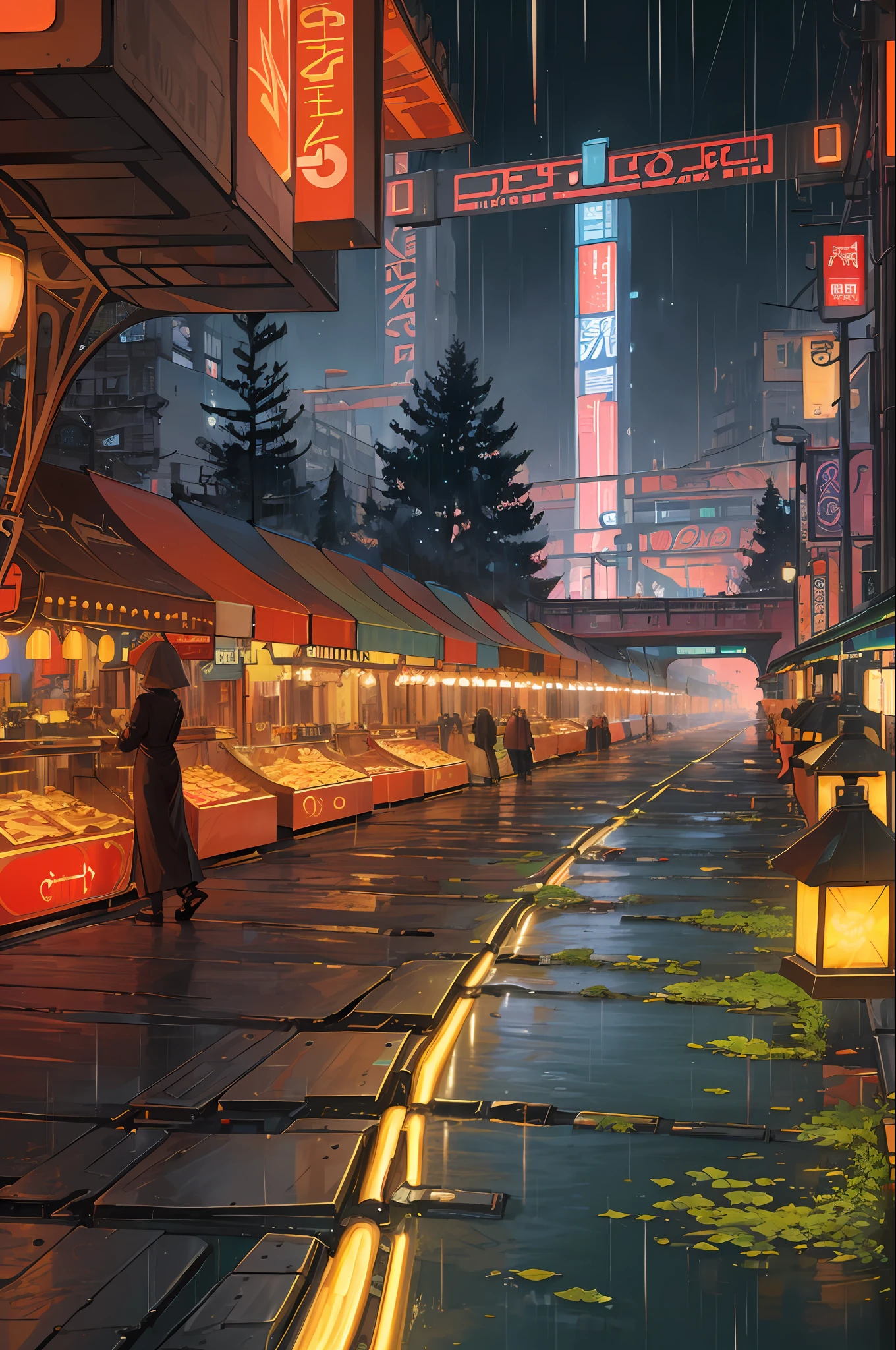 ((masterpiece)),((best quality)),((high detail)),((realistic,)) Futurist era city, architectural streets, bazaars, futuristic train lines, cyberpunk, buildings, night, European city, rainy, neon