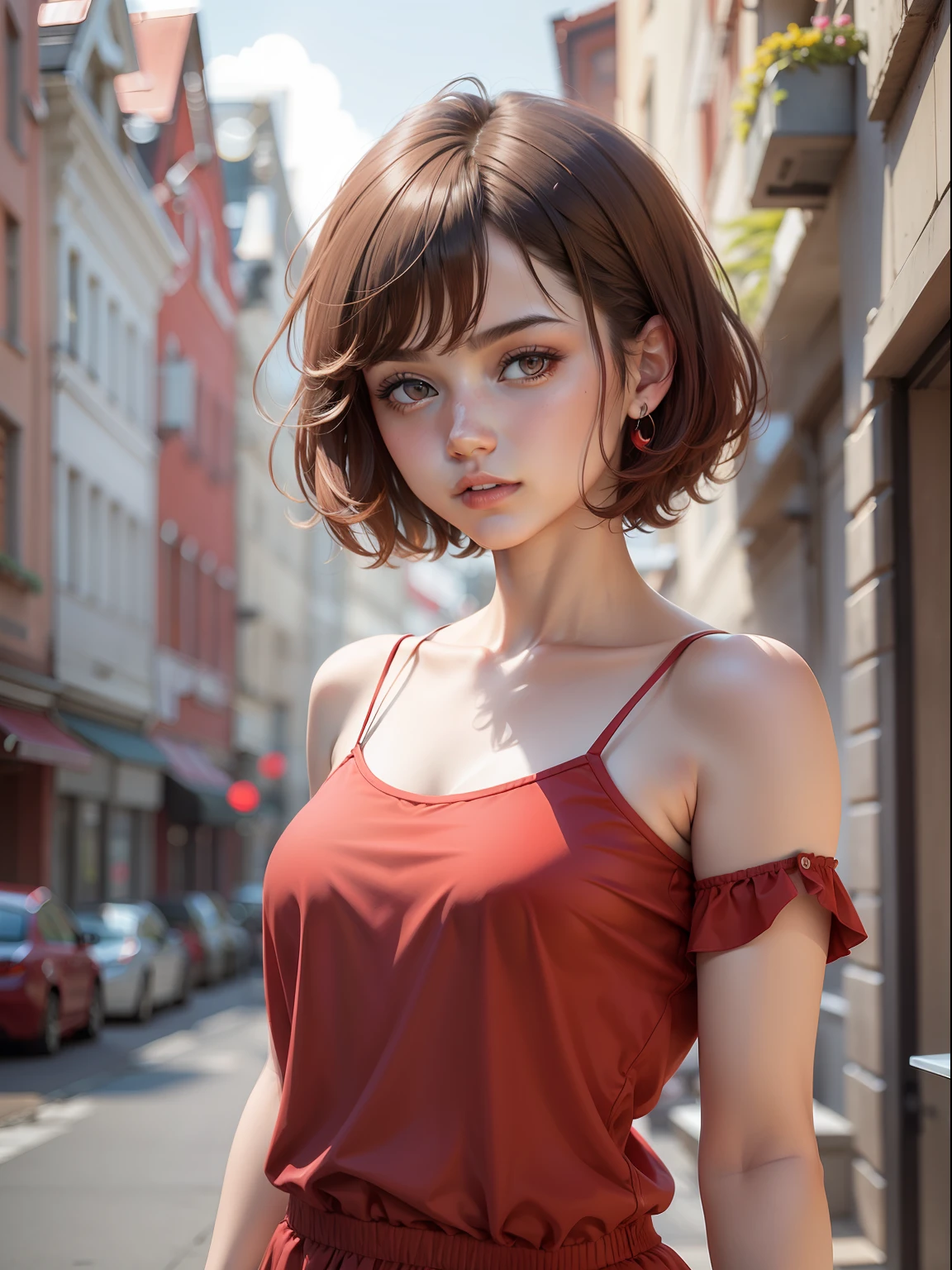 A girl with short hair and red clothes