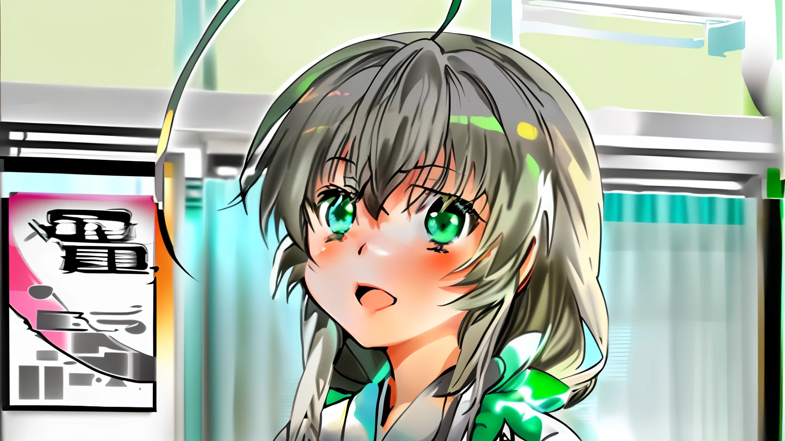anime character with long white hair and green eyes in a room, nyaruko-san, close up iwakura lain, anime girl named lucy, close up of iwakura lain, rei hiroe, tsubasa nakai's style, anime visual of a cute girl, senko-san, extremely cute anime girl face, shikamimi