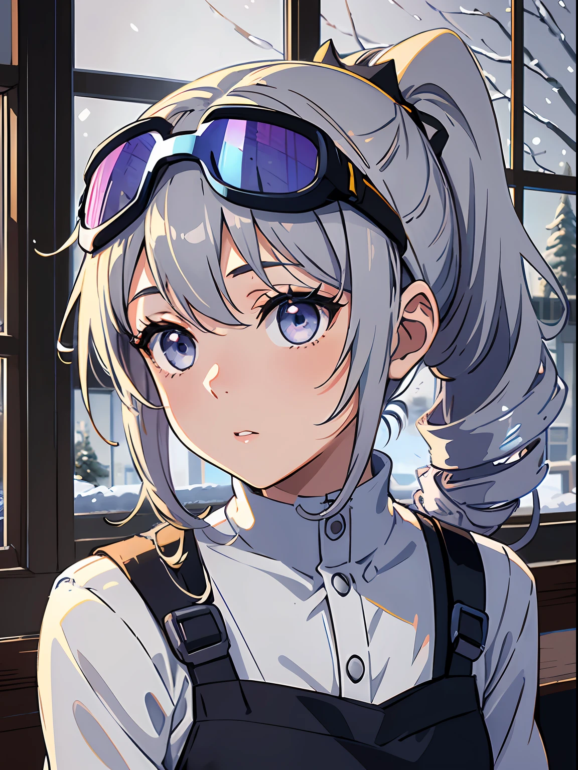 Exquisite masterpiece, the best quality, realistic painting, an anime girl with curly ponytail, gray beautiful eyes, petite figure, coffee clerk, black apron, small, snow scenery outside the window, warm colors, heartwarming, youthful and beautiful, with blue-purple gradient ski goggles, gray hair, showing a natural casual style. The dynamic posture contains the golden section, a large aperture portrait, the picture is blank, the contrast between light and shadow is strong, the texture is super strong, the picture is super clear and concise, presenting an extremely beautiful, elegant and dignified, delicate face