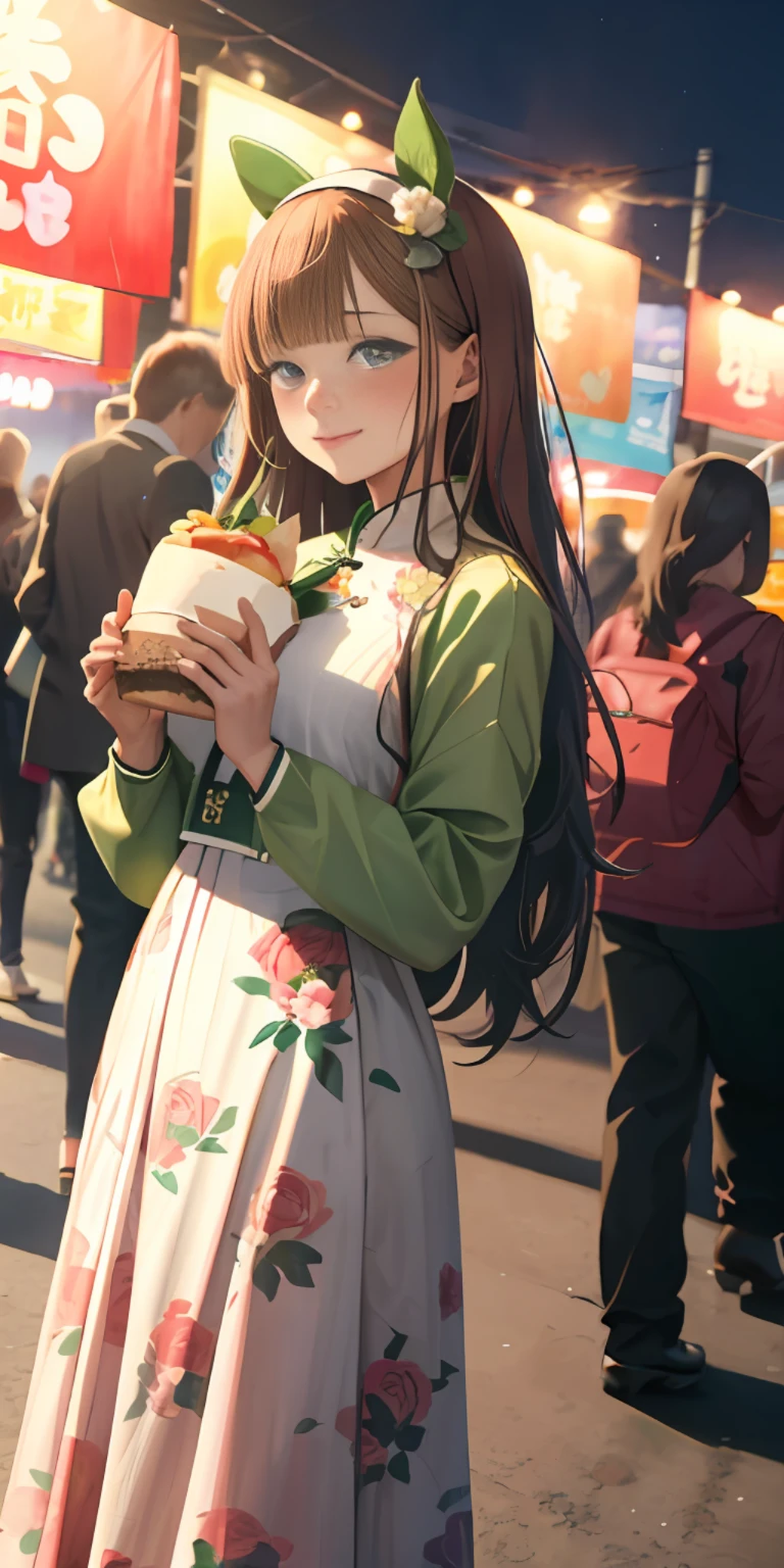 masterpiece, top quality, bewitching pose, full body wide angle, blush, hamburger eating woman,
Silence Suzuka \, green and white floral Ao Dai, festival,