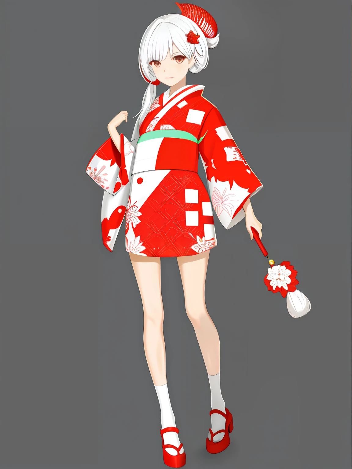 (Representative work: 1.2, highest image quality), ((((Plain background)))), (((Red and white carp pattern kimono)), Nishikigoi daughter, 1 pretty woman, perfect anatomy, standing figure, (((full body)))), clear eyes, black eyes, eyes and mouth are impressive, red and white obi, young woman, silver-white hair, long hair, kimono style, mini skirt length kimono, holding a clutch bag in one hand, carp beard hair ornament,