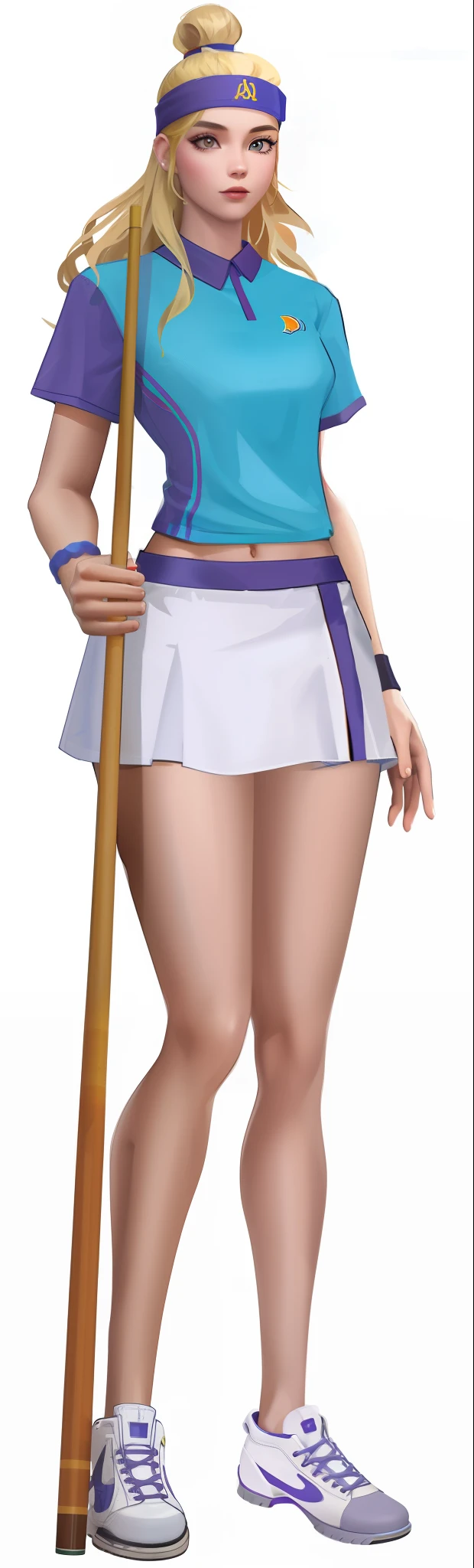A female figure holding a billiard cue, wearing a blue T-shirt, young man, made in 3D, full body portrait of shorts, full body detail, digital drawing, picture quality 2k, full of details, clear facial structure, facial features, detailed, girl, young woman, 20 years old, long blonde hair, ball head, purple headband, dark brown eyes, blue T-shirt, white short skirt