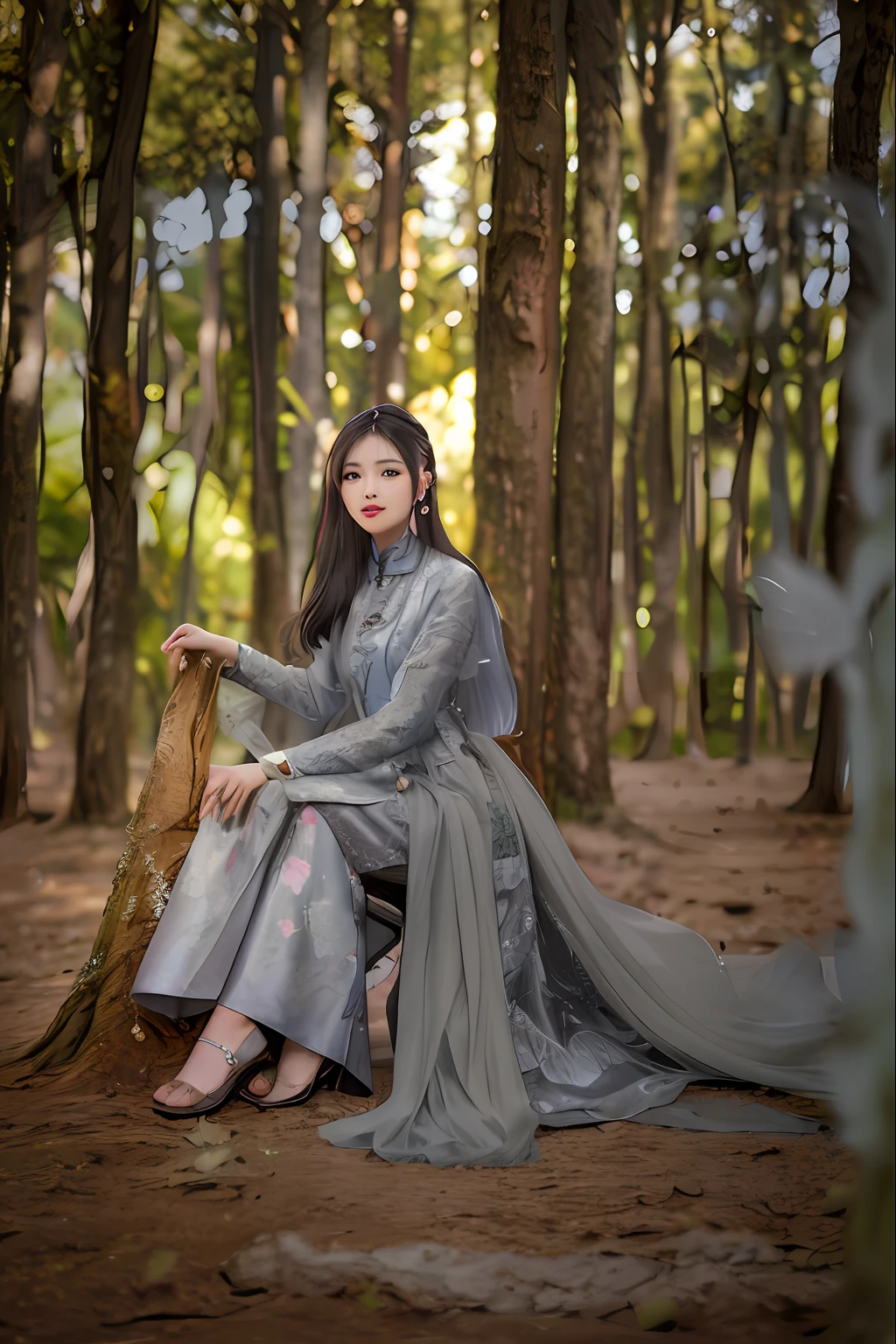 araffe woman sitting on a tree stump in a forest, ao dai, looking majestic in forest, portrait shot, high quality portrait, outdoor fine photography, dark grey, grey, grey forest in the background, grayish, captured on canon eos r 6, colour, traditional beauty, * colour splash *, beautiful woman, photo taken with nikon d750