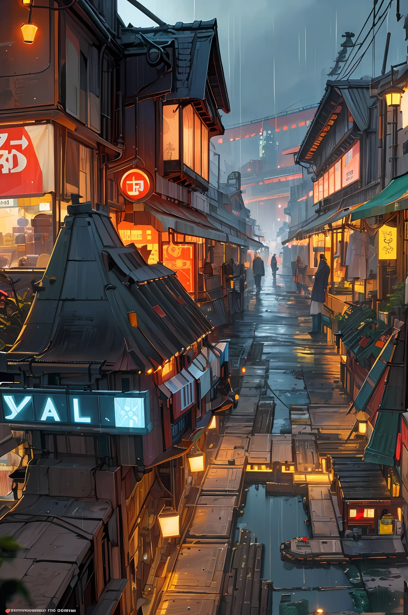 ((masterpiece)),((best quality)),((high detail)),((realistic,)) Futurist era city, architectural streets, bazaars, futuristic train lines, cyberpunk, buildings, night, European city, rainy, neon