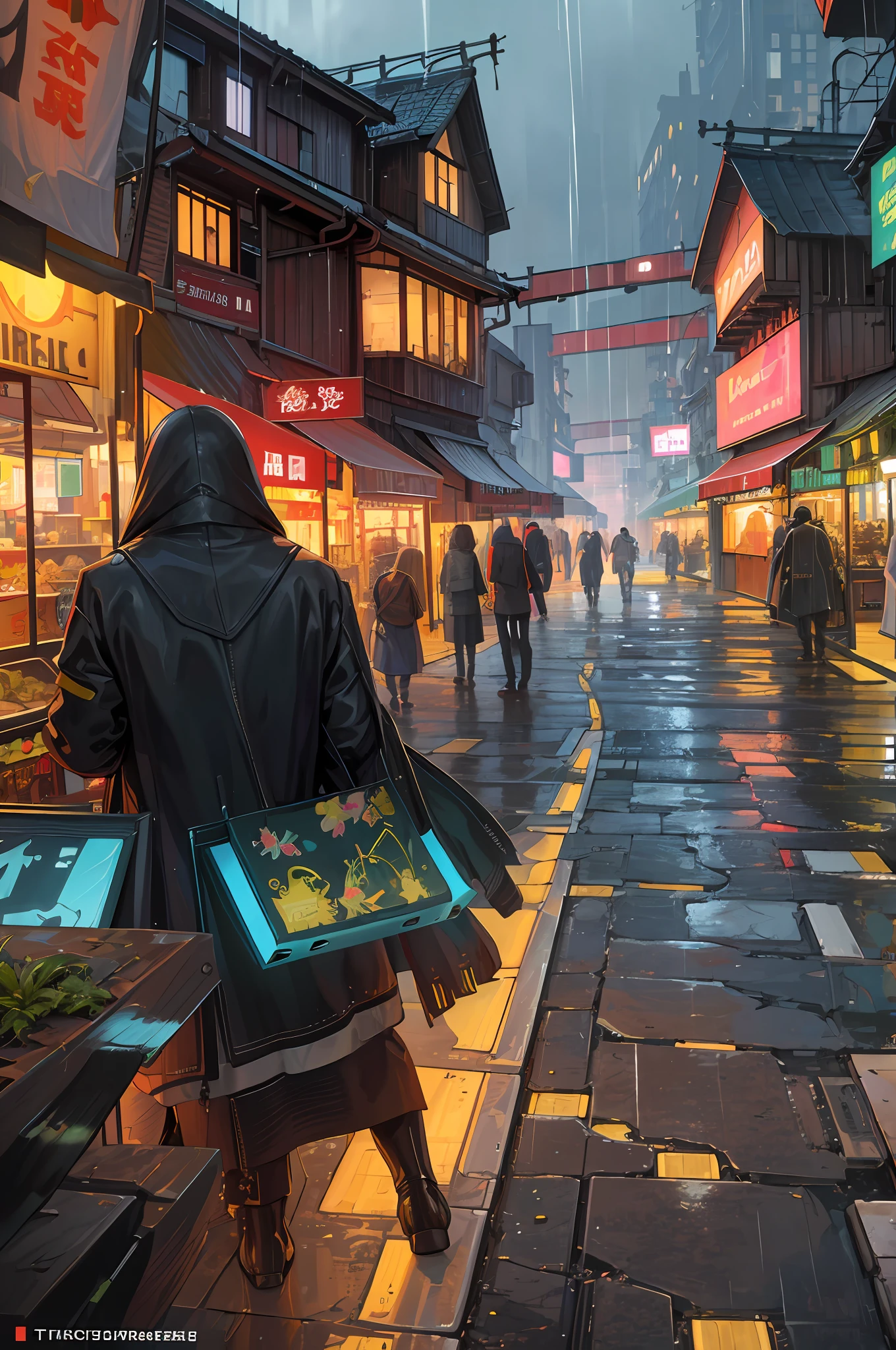 ((masterpiece)),((best quality)),((high detail)),((realistic,)) Futurist era city, architectural streets, bazaars, futuristic train lines, cyberpunk, buildings, night, European city, rainy, neon