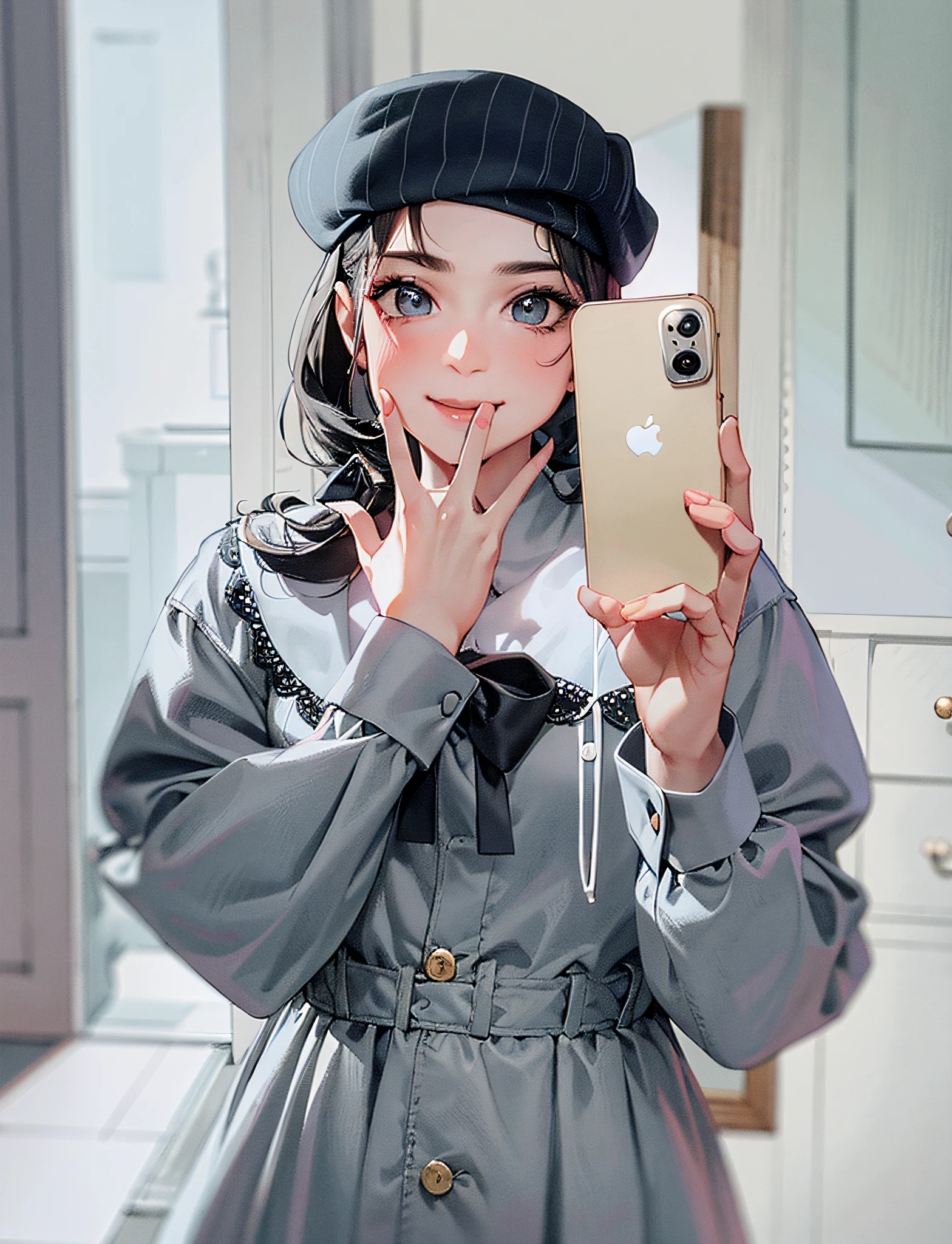 Berets, gray dress, big lapels, bow, love buttons, cute girl, preppy style, high quality, masterpiece, beauty, selfie with mobile phone in the mirror, in the room, smiling, lively, hands half covering their mouths,