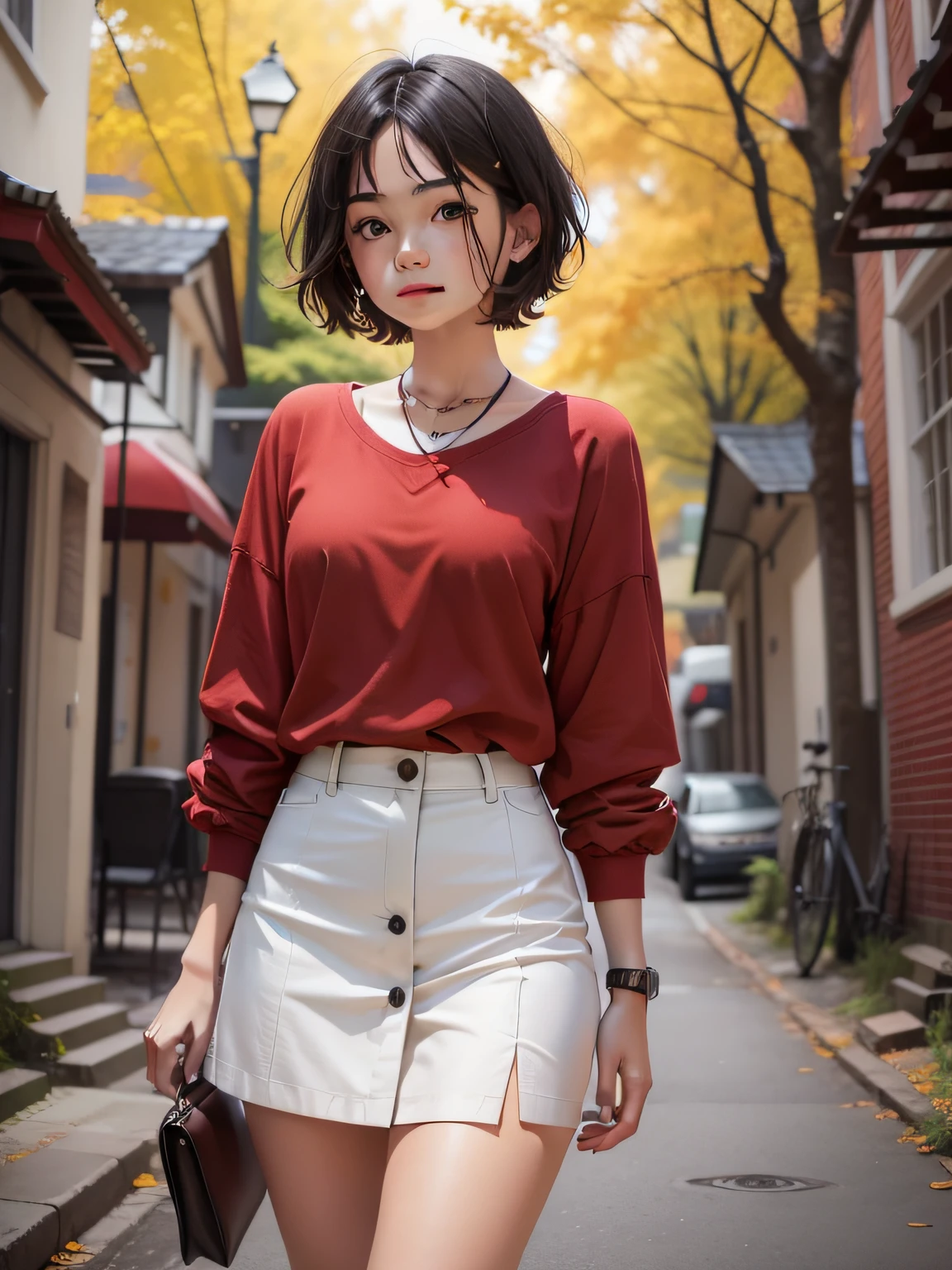 A girl with short hair and red clothes