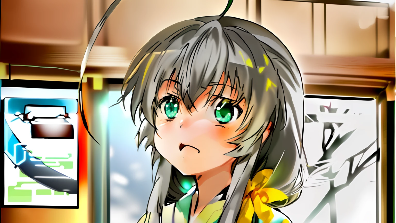 anime character with long white hair and green eyes in a room, nyaruko-san, close up iwakura lain, anime girl named lucy, close up of iwakura lain, rei hiroe, tsubasa nakai's style, anime visual of a cute girl, senko-san, extremely cute anime girl face, shikamimi
