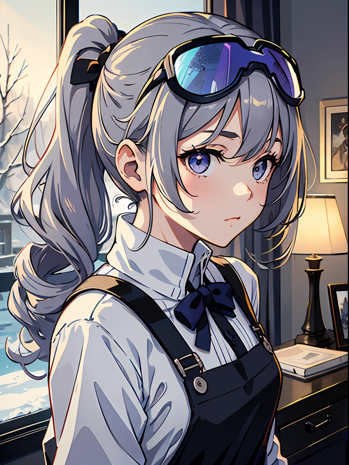 Exquisite masterpiece, the best quality, realistic painting, an anime girl with curly ponytail, gray beautiful eyes, petite figure, coffee clerk, black apron, small, snow scenery outside the window, warm colors, heartwarming, youthful and beautiful, with blue-purple gradient ski goggles, gray hair, showing a natural casual style. The dynamic posture contains the golden section, a large aperture portrait, the picture is blank, the contrast between light and shadow is strong, the texture is super strong, the picture is super clear and concise, presenting an extremely beautiful, elegant and dignified, delicate face