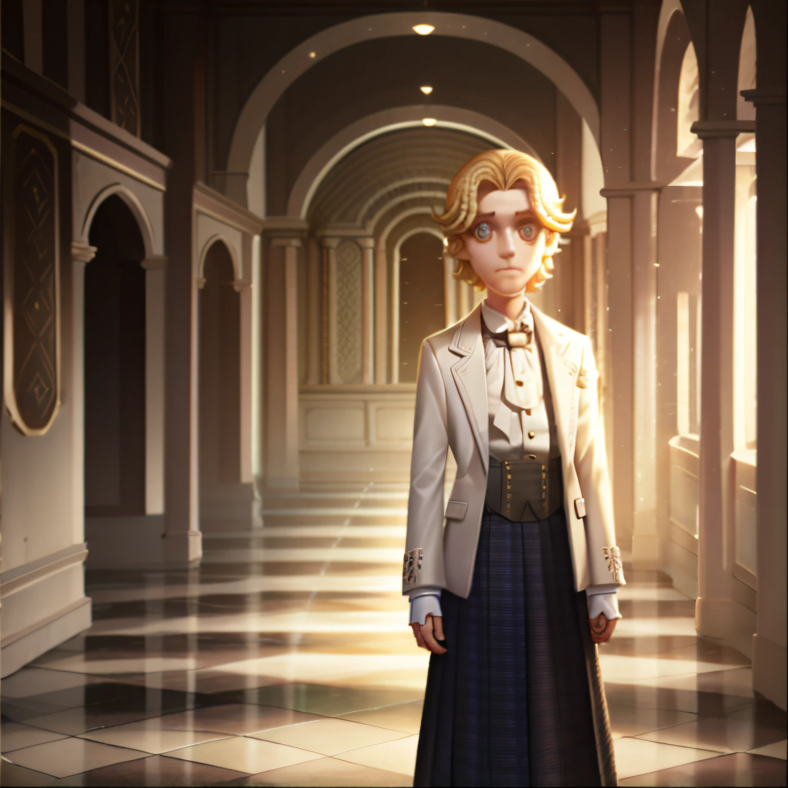 masterpiece, high quality, young boy, checked long skirt, white jacket, blonde, facing forward, looking at camera, full body, center of screen