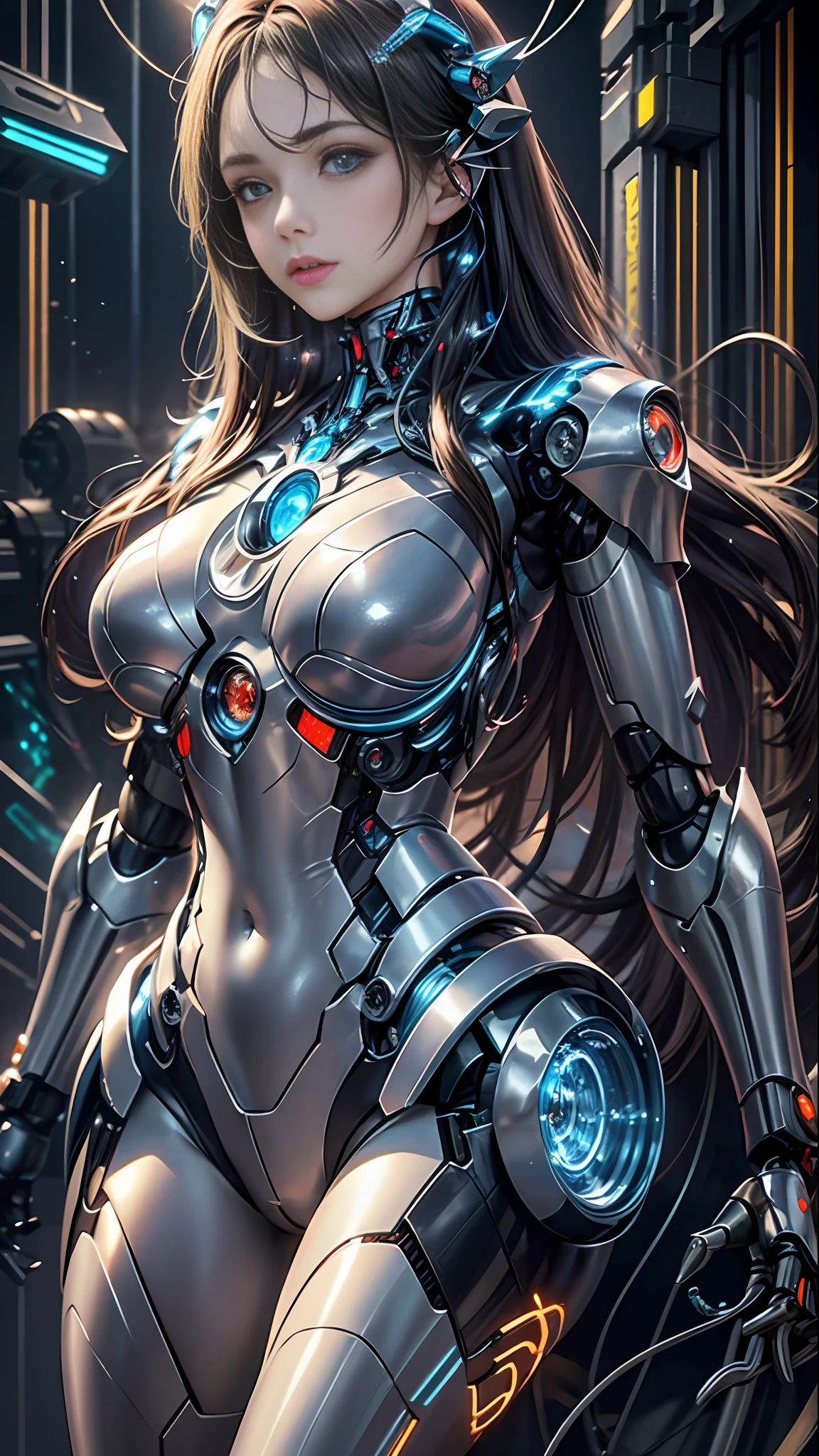 masterpiece, best quality,
1girl, solo, long hair, photorealistic, 
(finely detailed beautiful eyes: 1.2),open clothes, glowing eyes, shiny hair, lustrous skin,((1 life-like robot)), metal construction, wires and cables, (glowing eyes), (mechanical arms), science fiction,(large mecha arm),cowboy shot, energy tank,