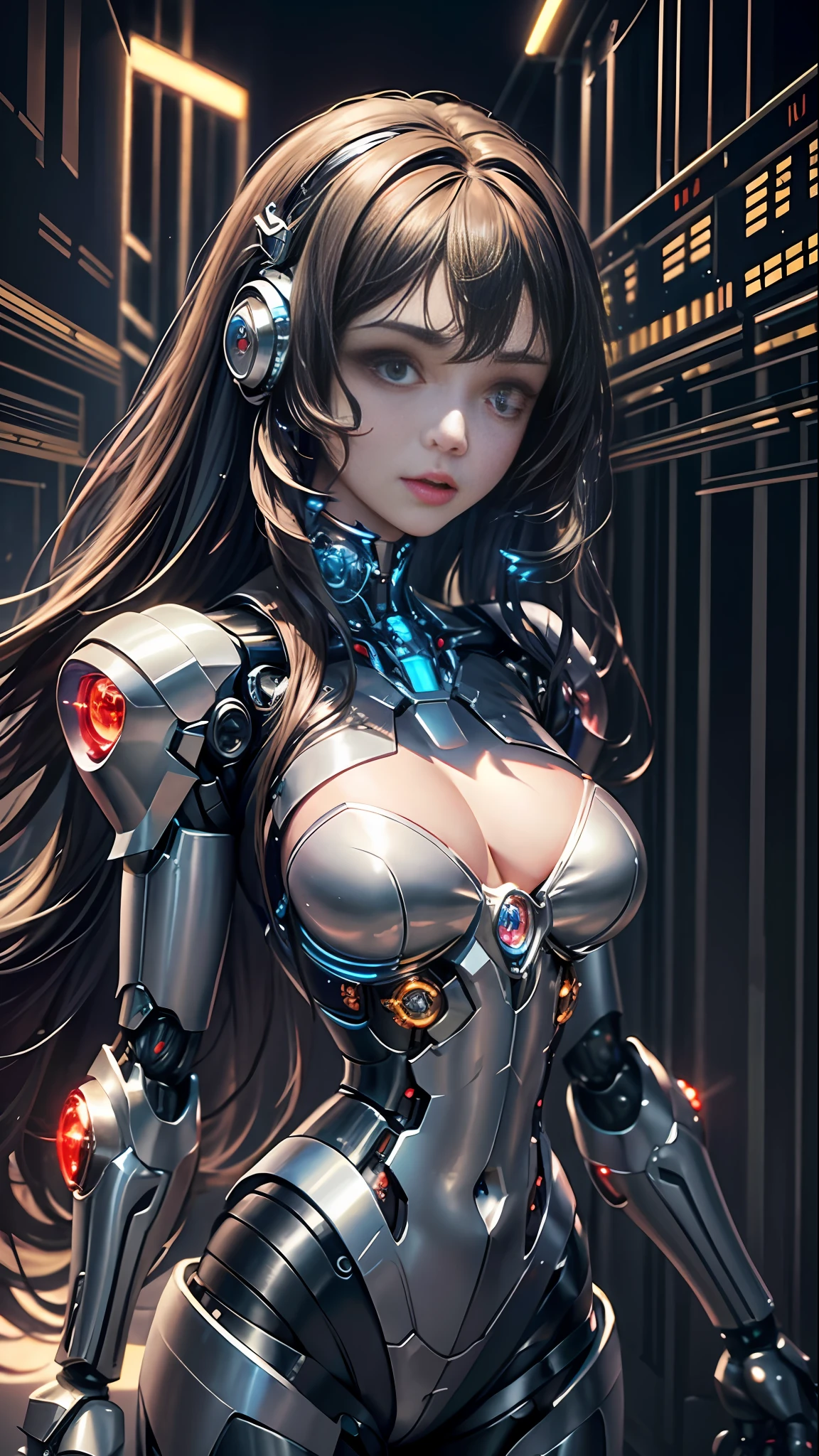 masterpiece, best quality,
1girl, solo, long hair, photorealistic, 
(finely detailed beautiful eyes: 1.2),open clothes, glowing eyes, shiny hair, lustrous skin,((1 life-like robot)), metal construction, wires and cables, (glowing eyes), (mechanical arms), science fiction,(large mecha arm),cowboy shot, energy tank,