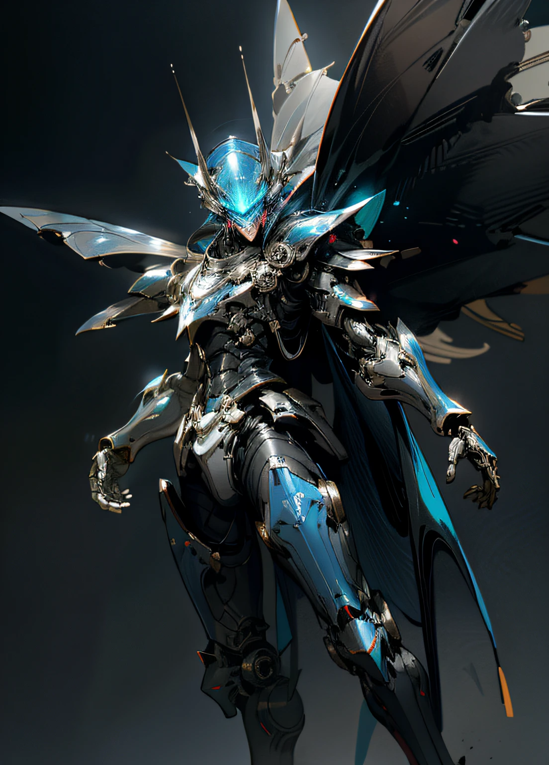 Dark_Fantasy, cyberpunk, (MANSPIDER, red and BLUE armor, fluttering BIOLUMINESCENT BLUE cape, helmet, : 1.1), 1man, mechanical wonder, robotic presence, cybernetic guardian, booster, hyper realistic,IN THE MIDST OF SMOKE ON THE BATTLEFIELD, high contrast, 8k rendering, masterpiece, ptofissional photography, expressive pose