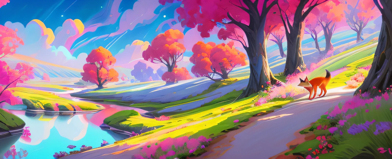 there is a painting of a colorful landscape with a fox and a dog, colorful concept art, digital 4k painting, vibrant digital painting, beautiful art uhd 4 k, anime landscape, jen bartel, painterly concept art, colorful digital painting, digital landscape art, pink landscape, 4 k digital painting, 4k digital painting, background art