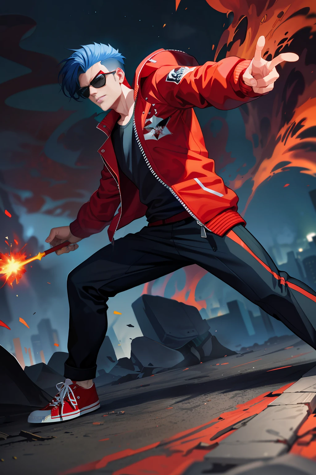 Villainous man, wearing a super detailed red degrade jacket, flaming power in his right hand, red All Star Converse sneakers, goosebump blue hair, power of destruction at his control, crumbling scenery with smoke and fires